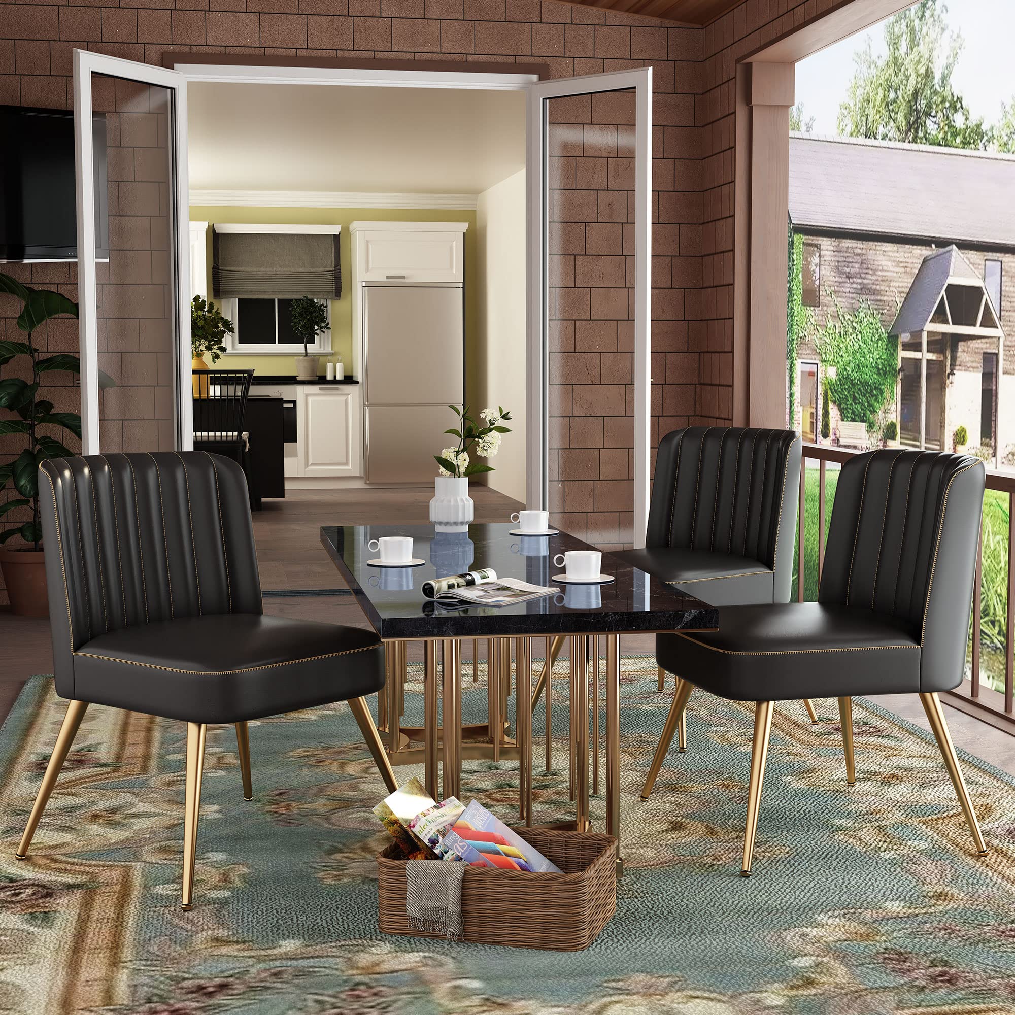 Andeworld 2-Piece Modern Accent Chair Set - Upholstered Leather Living Room Chairs, Elegant Armless Small Side Club Chairs with Golden Legs for Bedroom, Office or Lounge - Black