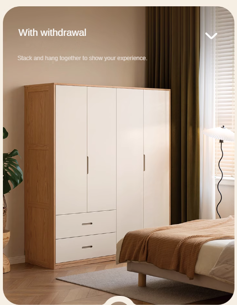Oak Solid Wood Log Cream Style Wardrobe - Rustic Bedroom & Living Room Storage Furniture for Home Organization