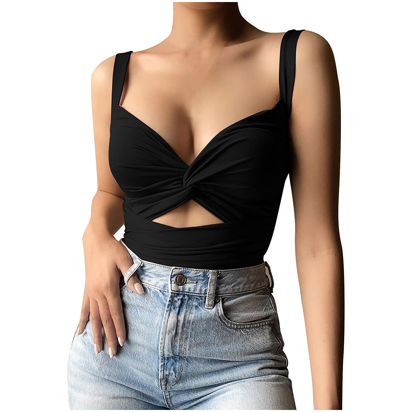 Sexy Black Low Cut Sleeveless Tank Top for Women - Front Twist Knot Y2K T-Shirt | Summer Clubwear, Date Night Outfit & Casual Street Style