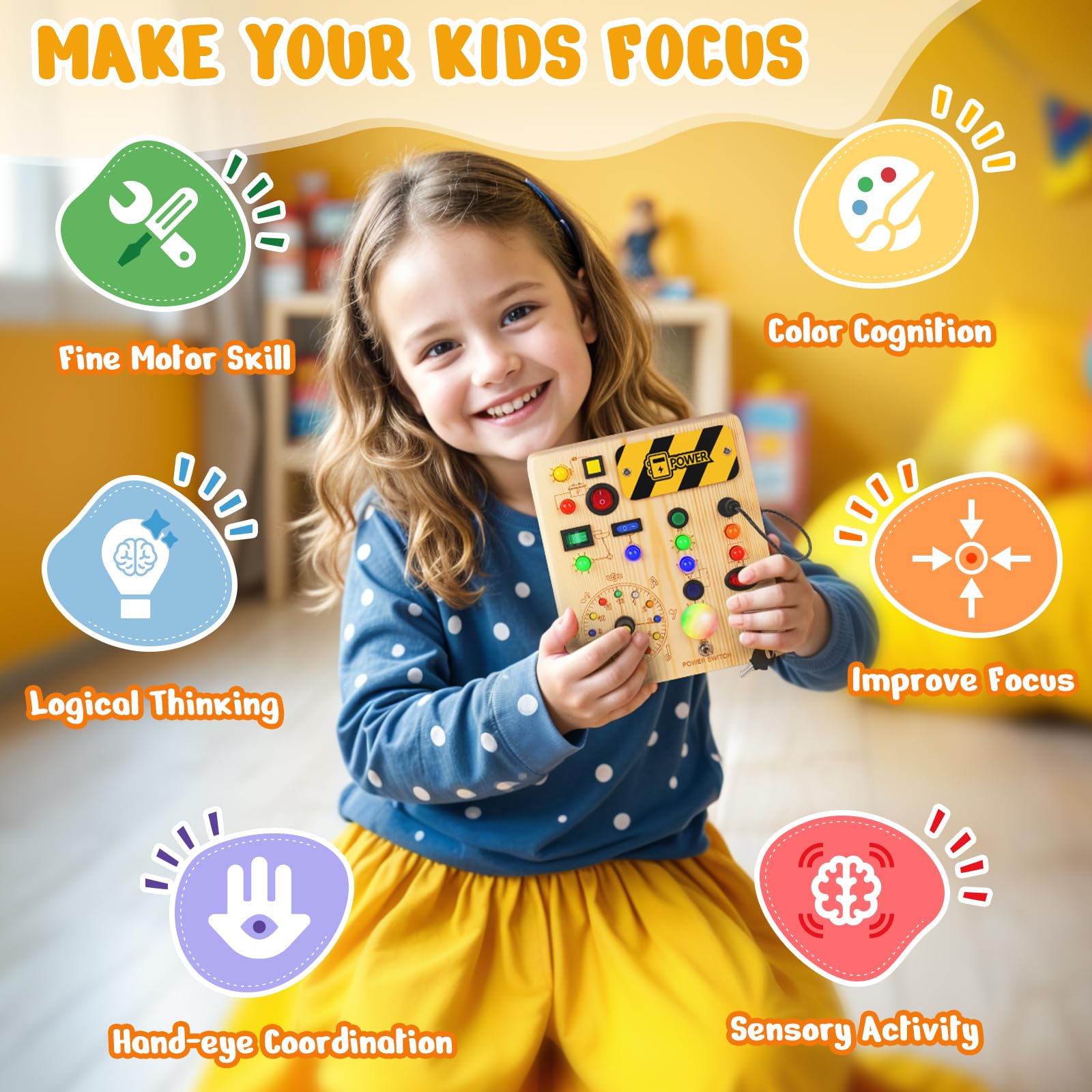 Busy Board with LED Light - Montessori Wooden Sensory Toy for Toddlers 1-3 Years Old | Educational Learning Toy for Boys & Girls | Autism Travel Toy for Kids - Perfect for Airplane, Car Rides & Home Play