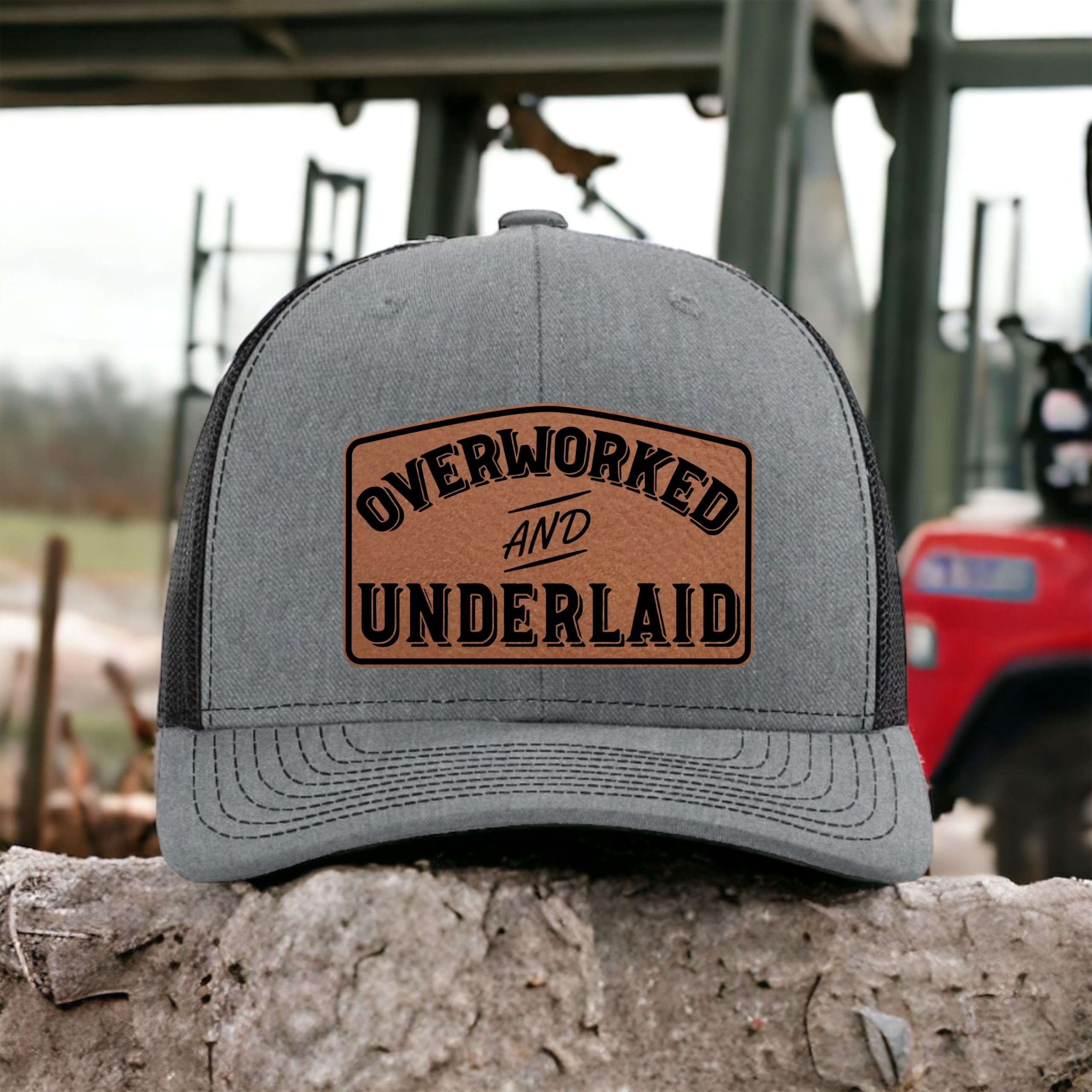 Funny Dad Hats for Men - Overworked & Underpaid Trucker Hat with Leather Patch - Perfect Father's Day Gift from Wife - Great for Grilling, Golfing & Casual Wear 2024
