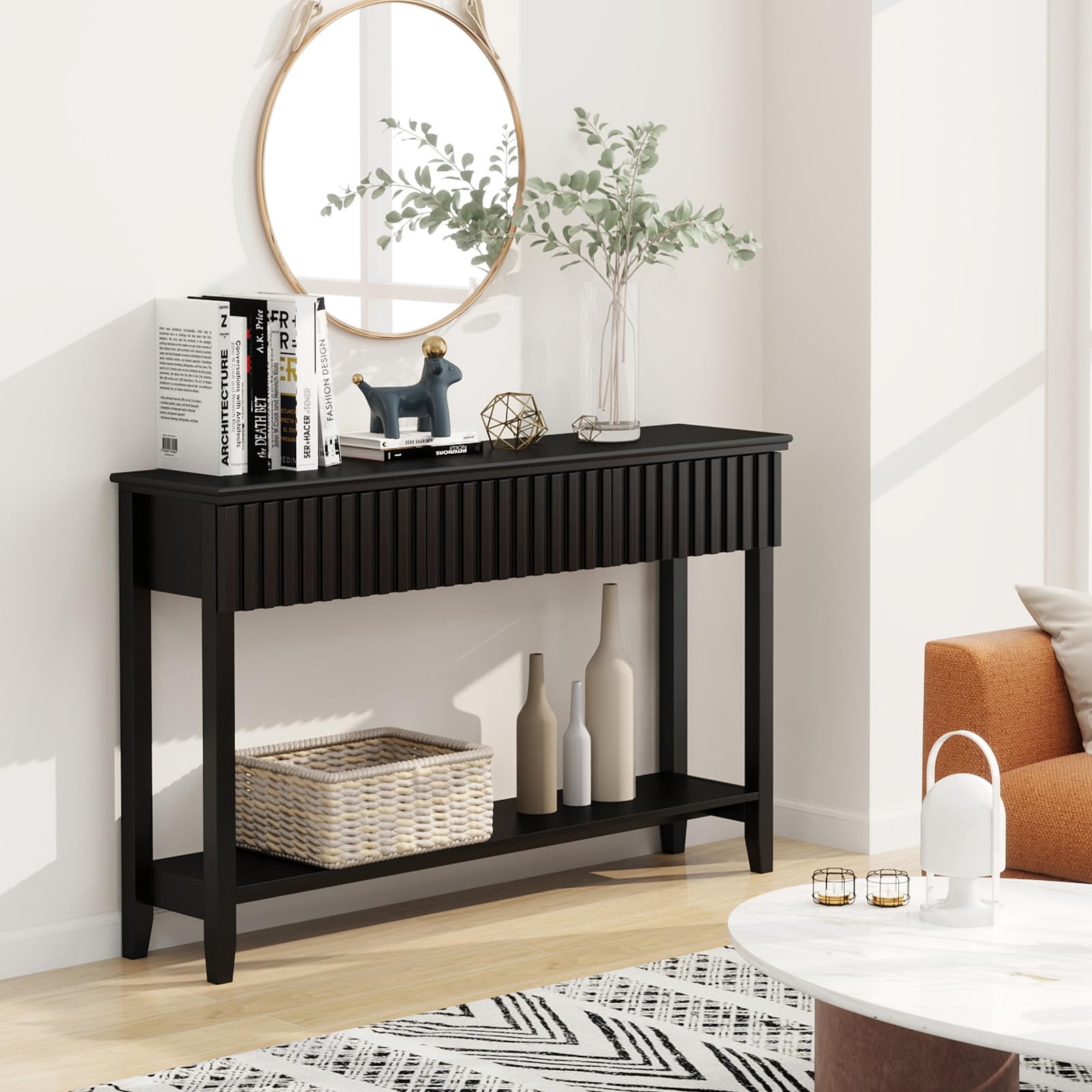 Modern Fluted Wood Console Table with 3 Drawers & Open Shelf - Narrow Sofa Table Behind Couch, Entryway Table for Living Room, Foyer & Hallway - Black (1 Tier) | Perfect for Small Spaces & Home Decor
