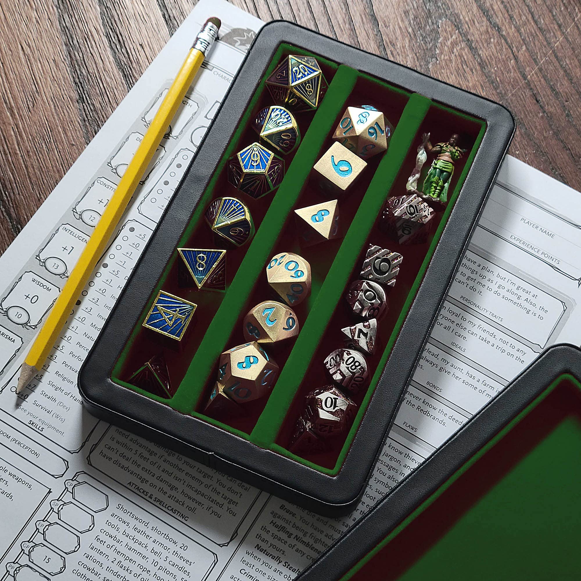 Premium 3-Row Metal Dice Storage Case with Magnetic Lid - Felt-Lined Protector for Polyhedral Dice Sets - Durable Combination Box & Tray - Ideal for D&D, MTG, RPG Gaming Accessories & Tabletop Collectors (Green)