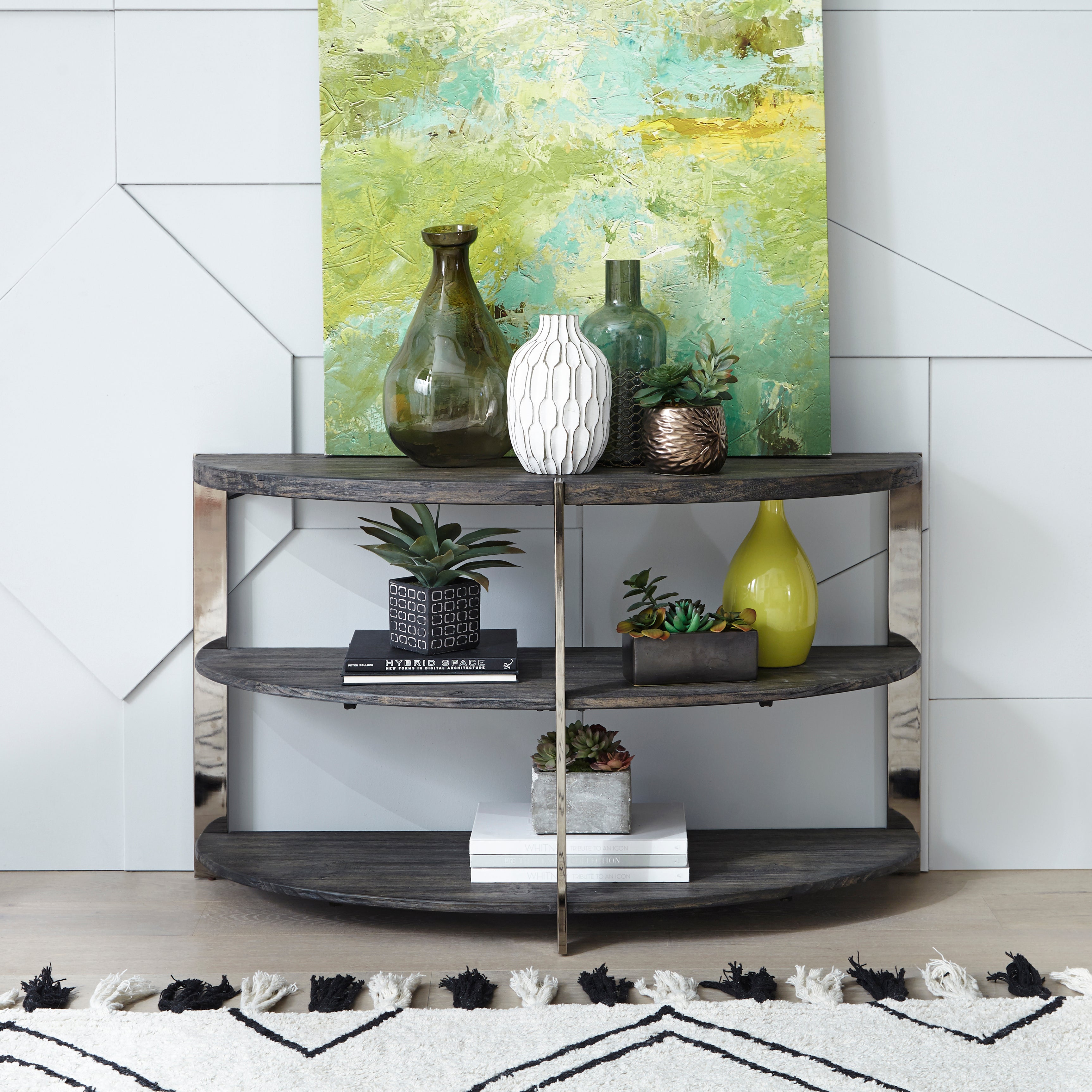 Roundhill Furniture Kalne Half Moon Console Table with 2 Open Shelves - Charcoal Gray & Chrome Plated Metal | Entryway, Living Room, Hallway Decor