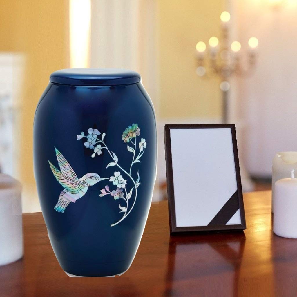 Blue Hummingbird Mother of Pearl Inlaid Metal Cremation Urn with Velvet Bag - Elegant Memorial Keepsake for Ashes, Perfect for Home Display or Funeral Services