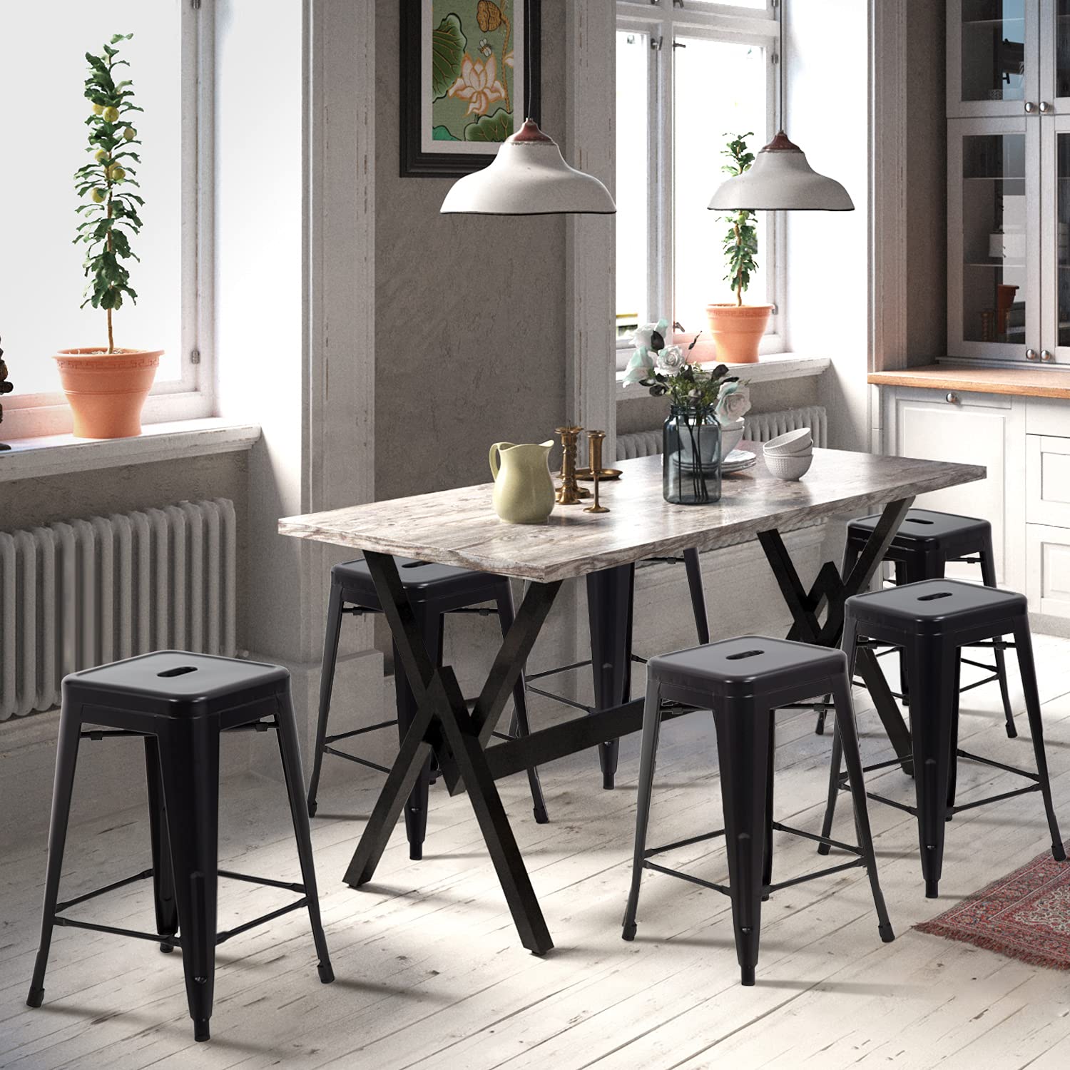 HCY 24 Inch Metal Dining Chairs Set of 4 - Stackable Bar Stools for Kitchen, Patio, Indoor & Outdoor Use - Durable Black Metal Chairs for Restaurant, Cafe, Bistro and Home Decor