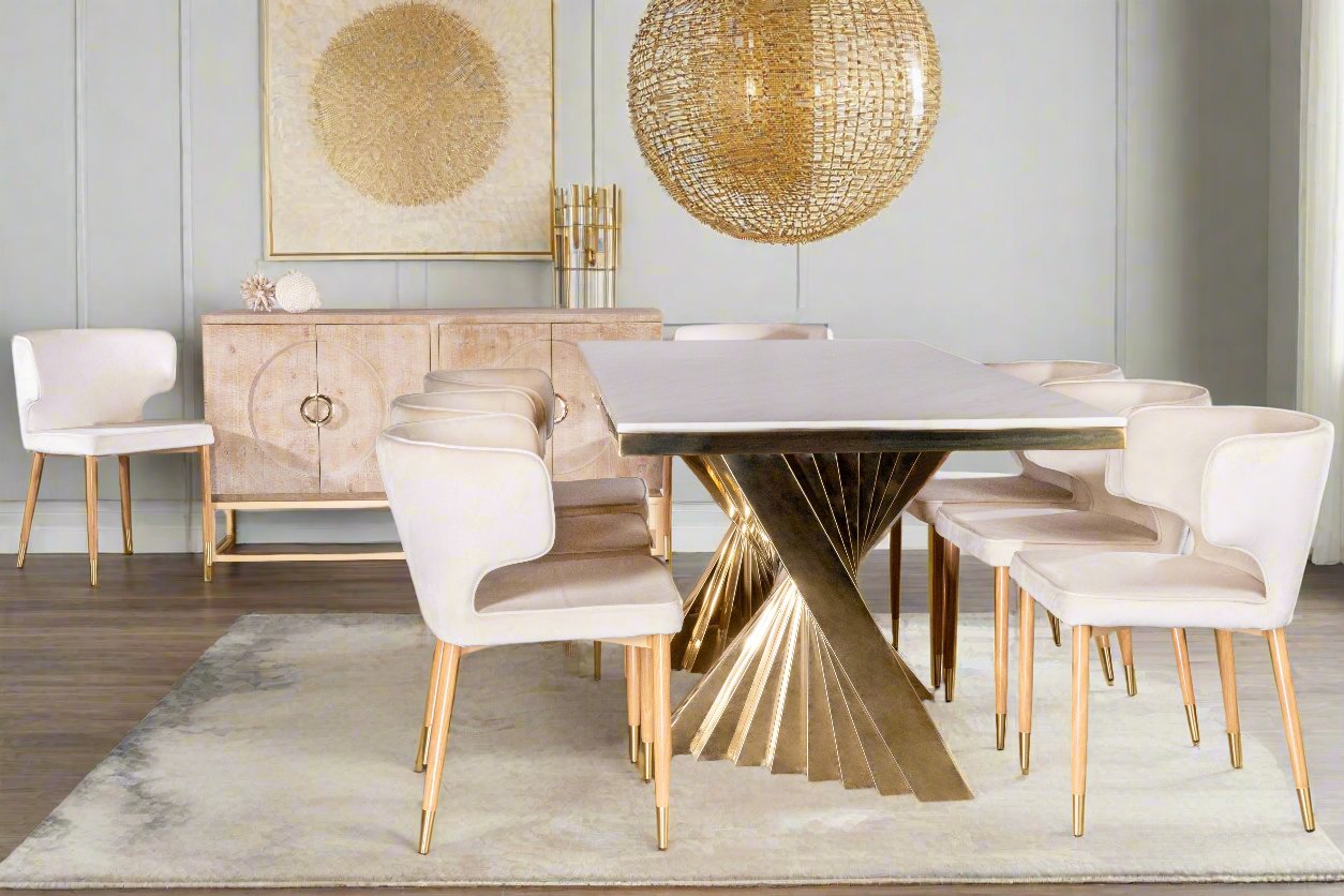 Ivory Waterfall Dining Set for 8 - Modern 8-Piece Dining Table Set with Waterfall Edge Design - Perfect for Family Dinners, Entertaining Guests & Elegant Home Decor