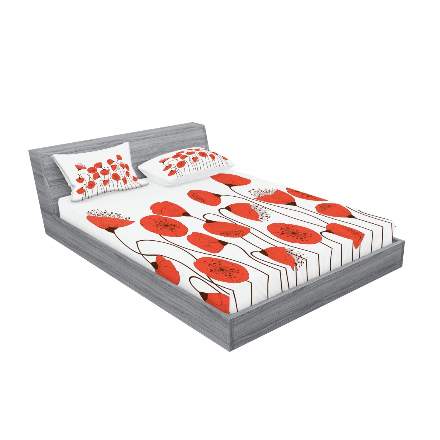 Ambesonne 2-Piece King Size Fitted Sheet Set with 4 Pillow Shams - Summer Poppy Flowers Design in Vermilion & Pearl - Soft Bedding for Guest Rooms, Master Bedroom & Vacation Homes - Breathable 4-Piece Sheet Set for Hot Sleepers