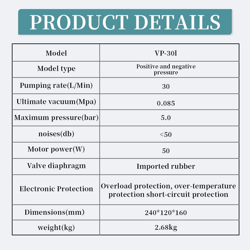 VP-30L Oil-Free Diaphragm Vacuum Pump 30L/min - Portable Lab Vacuum Pump for Filtration, Positive/Negative Pressure - 110V-220V with Rubber Tube - Ideal for Chemistry, Biology & Medical Laboratories