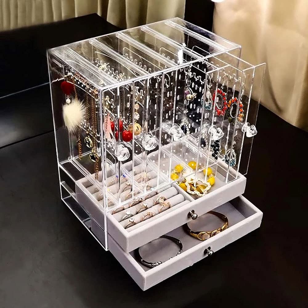 Clear 5-Tier Vertical Drawer Earring Display Stand Organizer with 2 Storage Drawers - Portable Velvet Jewelry Tray for Ring & Earring Storage - Perfect for Boutique, Jewelry Store & Home Organization