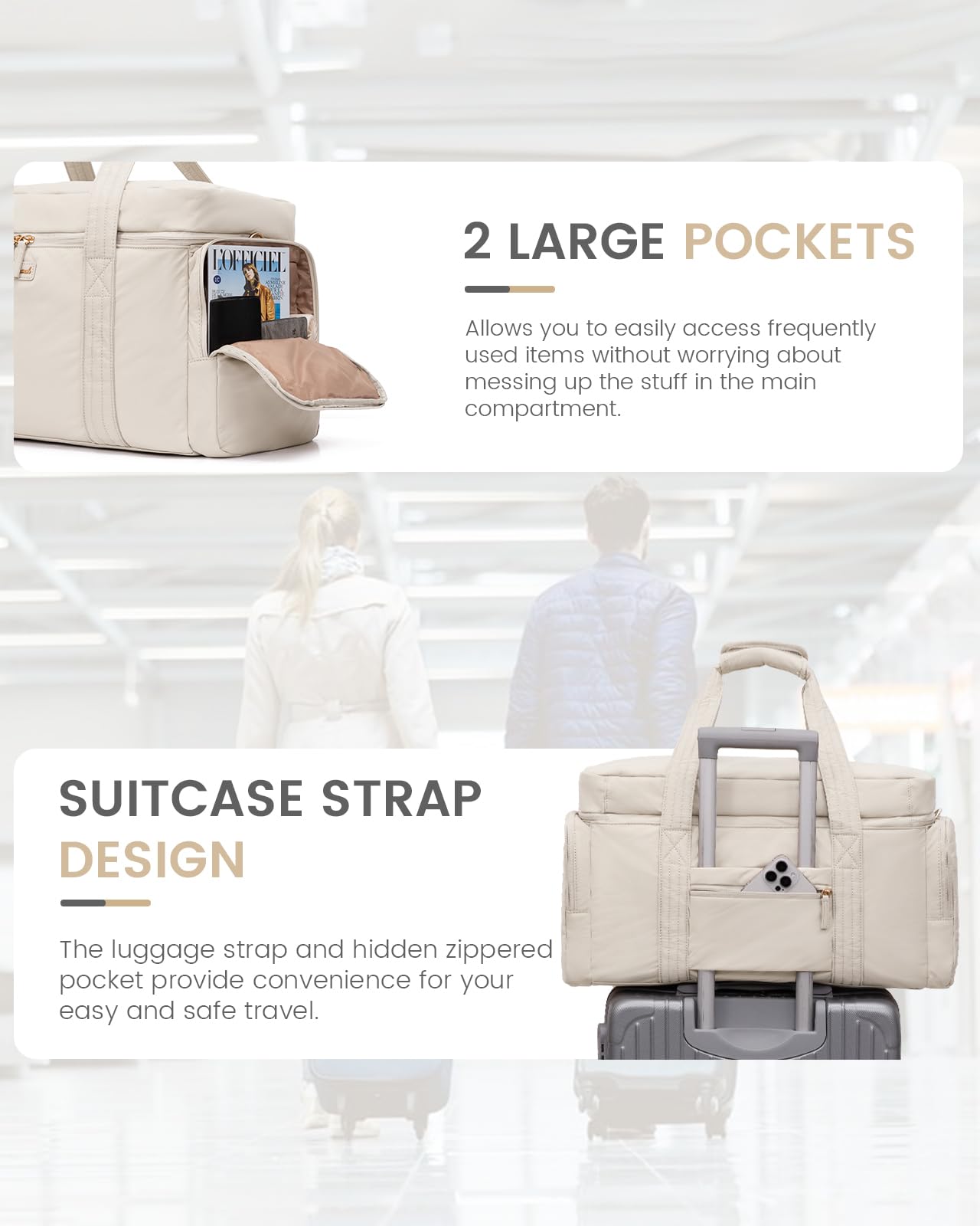 LOVEVOOK Women's Puffer Weekender Travel Duffle Bag - 3-Piece Set with Toiletry Bag & Wet Pocket - Perfect for Airplane Carry-On, Hospital Labor Delivery, Yoga Gym & Weekend Getaways - Beige