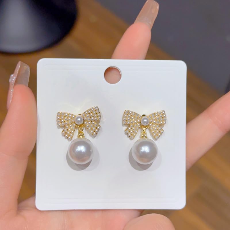 Boho Geometric Square Drop Earrings for Women - Small Faux Pearl Bow Dangle Stud Earrings in Gold | Elegant Party Jewelry & Gift for Women | Perfect for Weddings, Date Nights, and Special Occasions