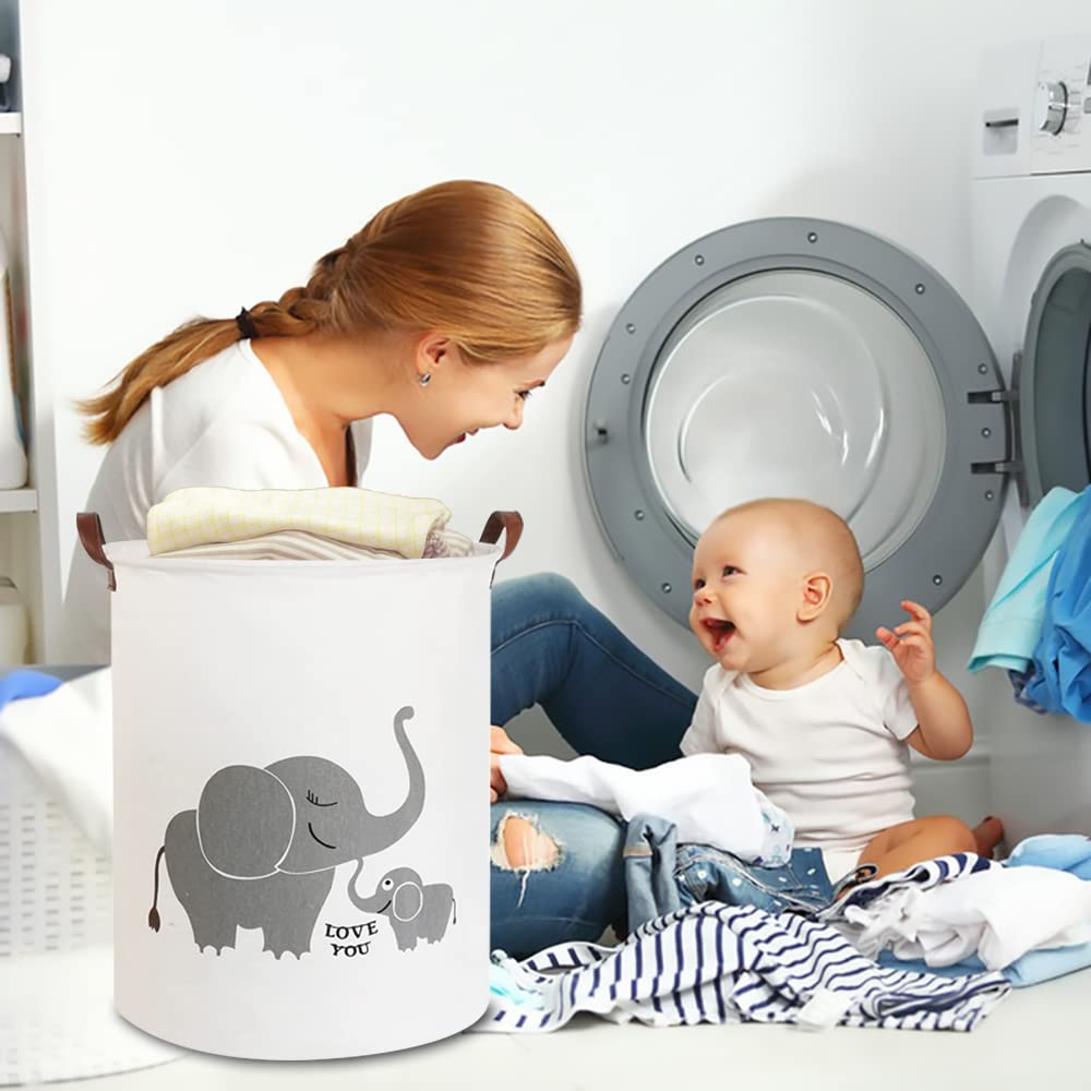 CLOCOR Collapsible Round Storage Bin - Large Foldable Laundry Basket & Toy Organizer with Love Elephant Design | Perfect for Kids Room, Nursery, Closet & Bathroom Organization