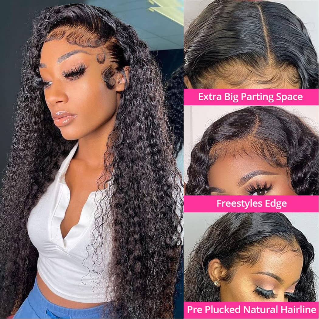 30 Inch Water Wave Lace Front Wigs Human Hair - Pre Plucked 13x4 HD Transparent Lace - 180% Density Deep Curly Glueless Wig for Women - Natural Black Human Hair Wig for Daily Wear, Parties & Cosplay