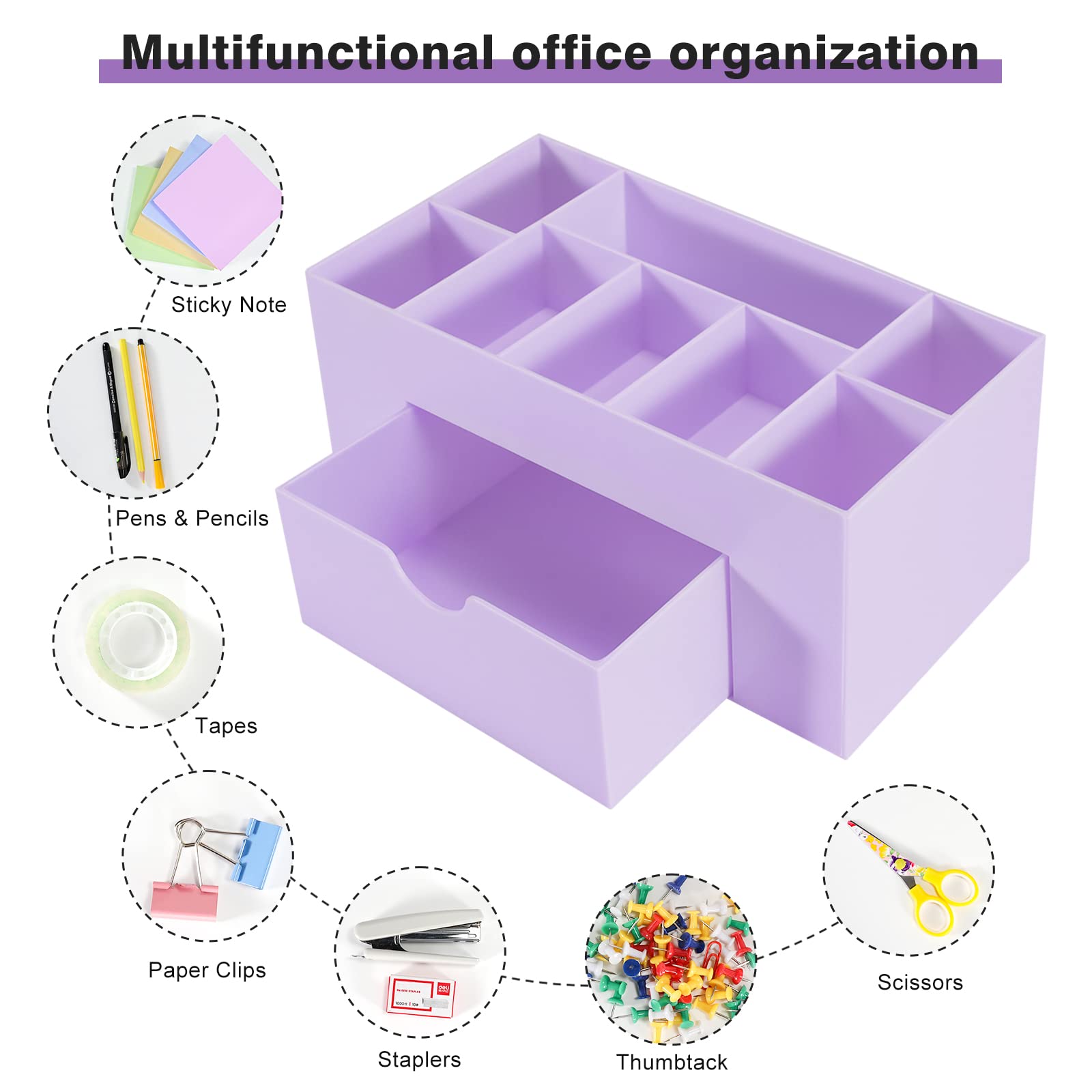 8-Compartment Purple Desk Organizer with Pen Holder & Pencil Cup - Office Supplies for Desk Organization | Perfect for Home, Office & School Workspace Accessories