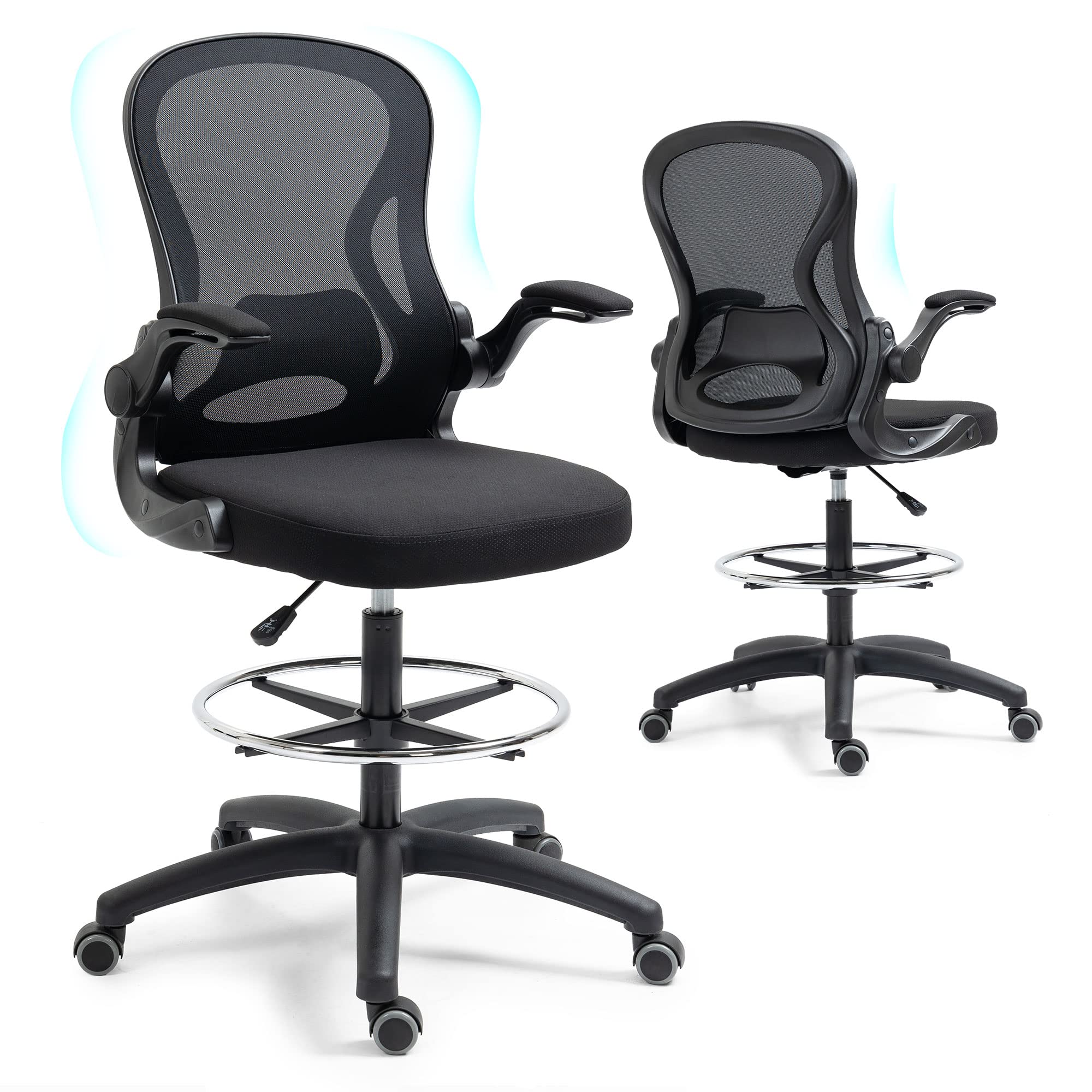 Ergonomic Adjustable Drafting Chair with Lumbar Support & Flip-Up Arms - Tall Office Stool for Standing Desk, Foot Ring - Black - Perfect for Architects, Designers & Home Office Workspaces