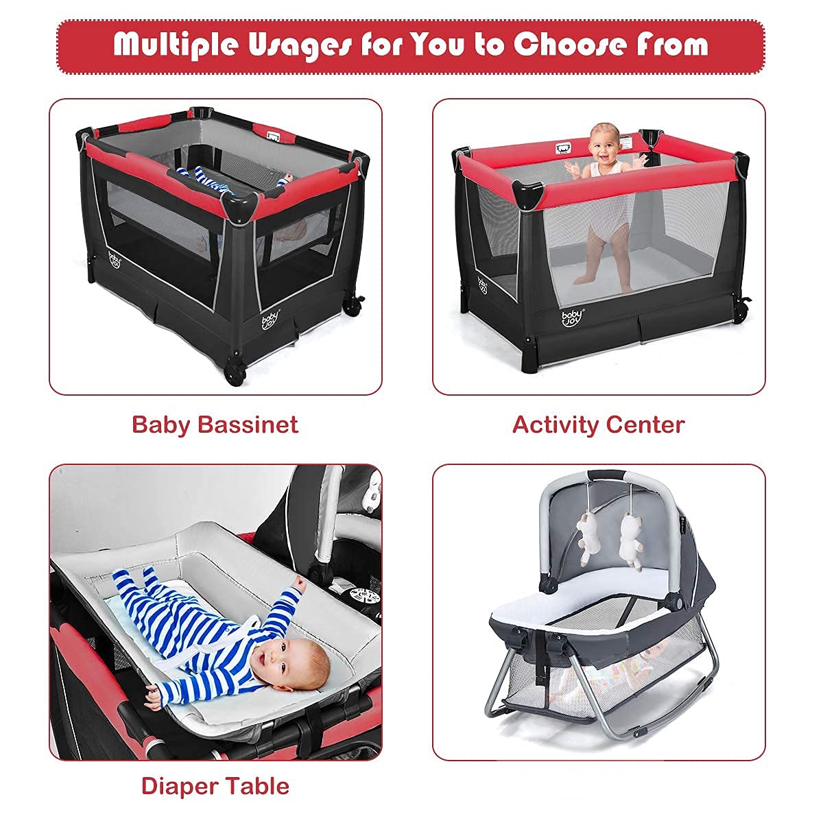 BABY JOY 4-in-1 Portable Playard with Bassinet, Changing Table & Activity Center - Baby Nursery Playpen with Music, Toys & Storage Bag for Newborns & Toddlers (Rose, Classic) - Perfect for Home, Travel & Daycare Use