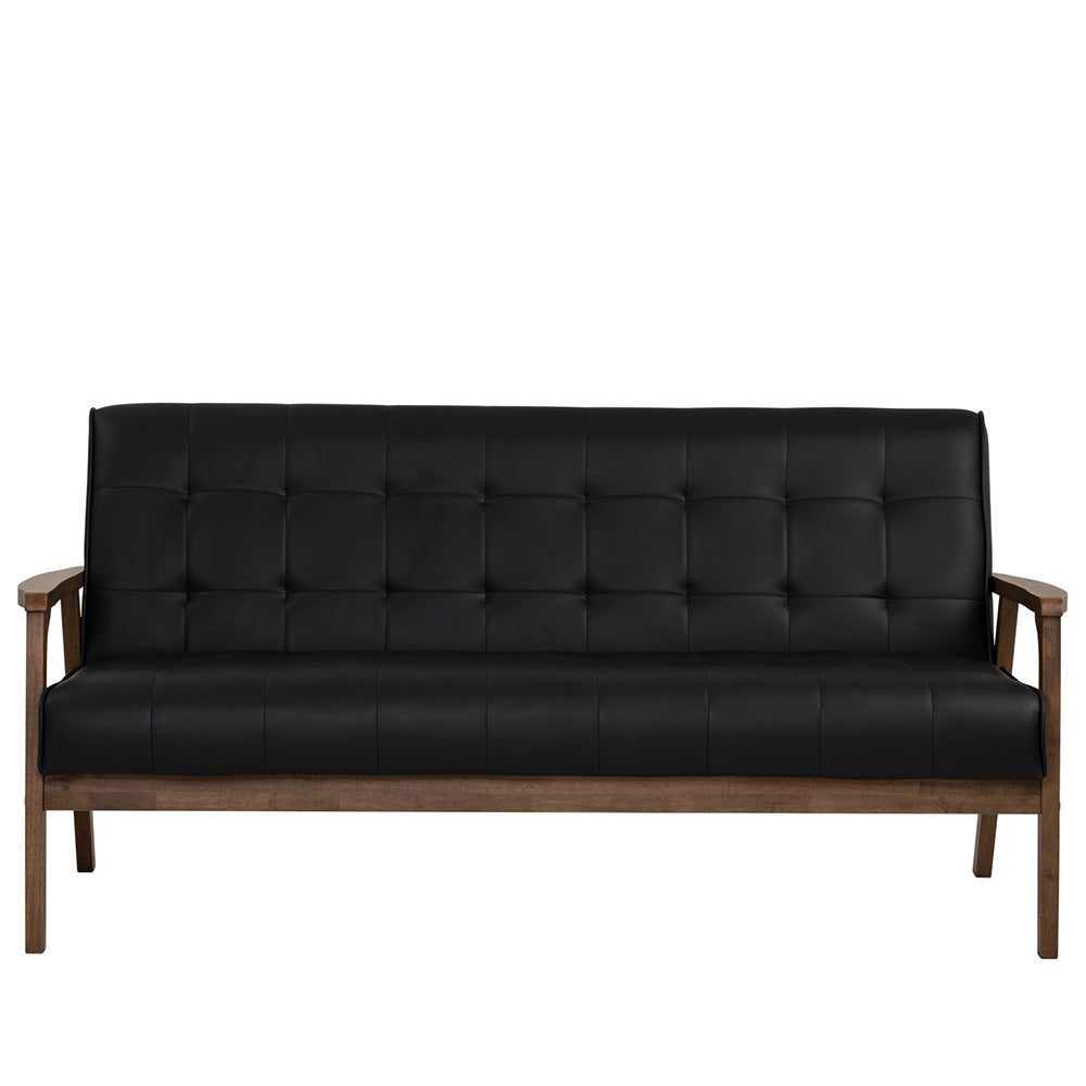 TUCSON 3-Seater Sofa in Walnut Frame with Black PU Leather Upholstery - Perfect for Living Room, Lounge, and Office Spaces