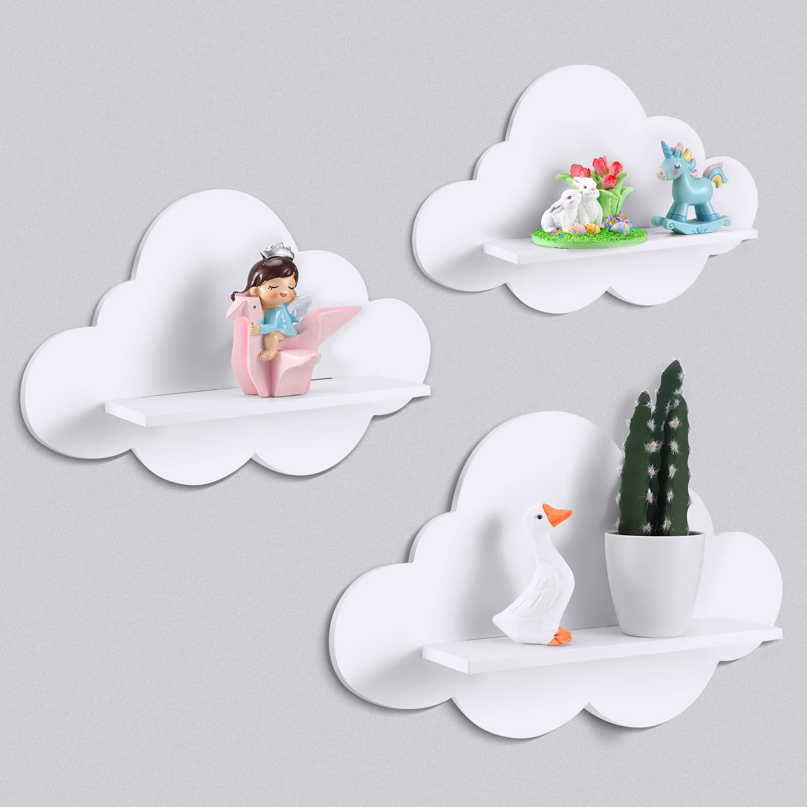 Tatuo 3-Piece Wavy Floating Shelves Set - White Cloud Wall Shelves for Plants, Books & Decor | Kawaii Daisy Flower & Danish Style Room Decor | Perfect for Bedroom, Nursery & Boho Home Decor