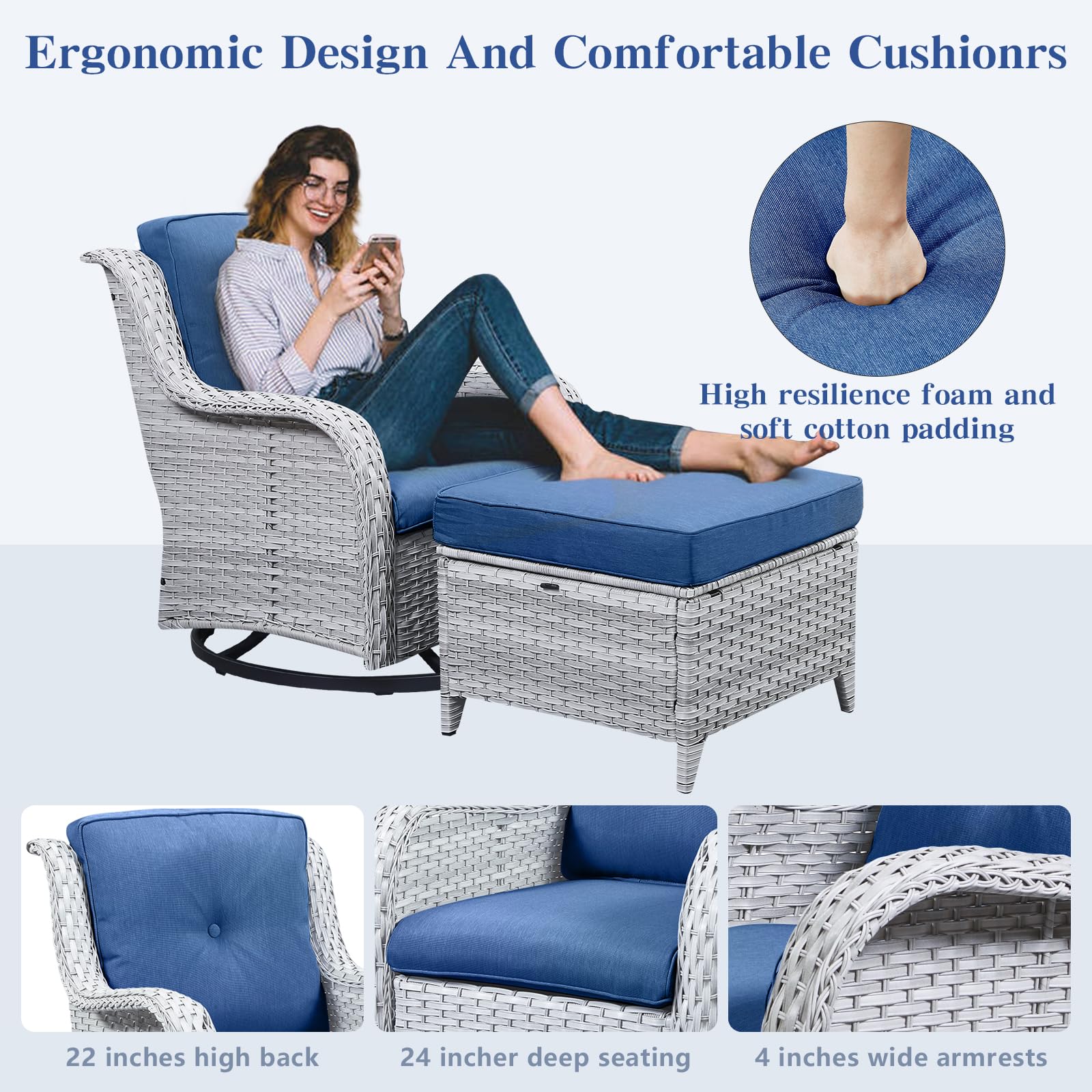 Outdoor Patio Furniture Ottoman Set of 2 - All-Weather Wicker Rattan Footstool with Soft Cushions - Perfect for Garden, Poolside, Deck & Backyard Relaxation