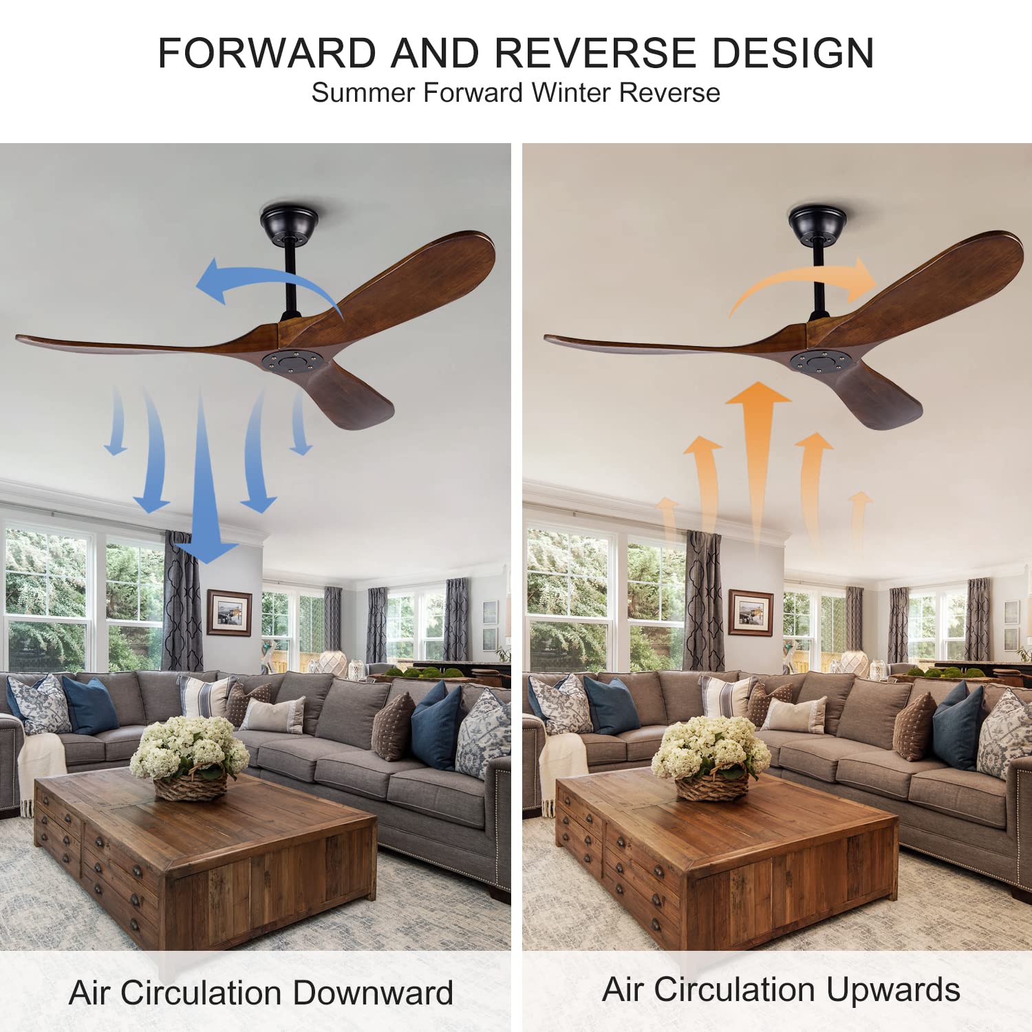 52 Inch BOJUE Wood Ceiling Fan No Light with Remote - 6 Speed Quiet DC Motor, Deep Walnut Blades - Perfect for Living Room, Bedroom, Patio, Porch & Outdoor Spaces