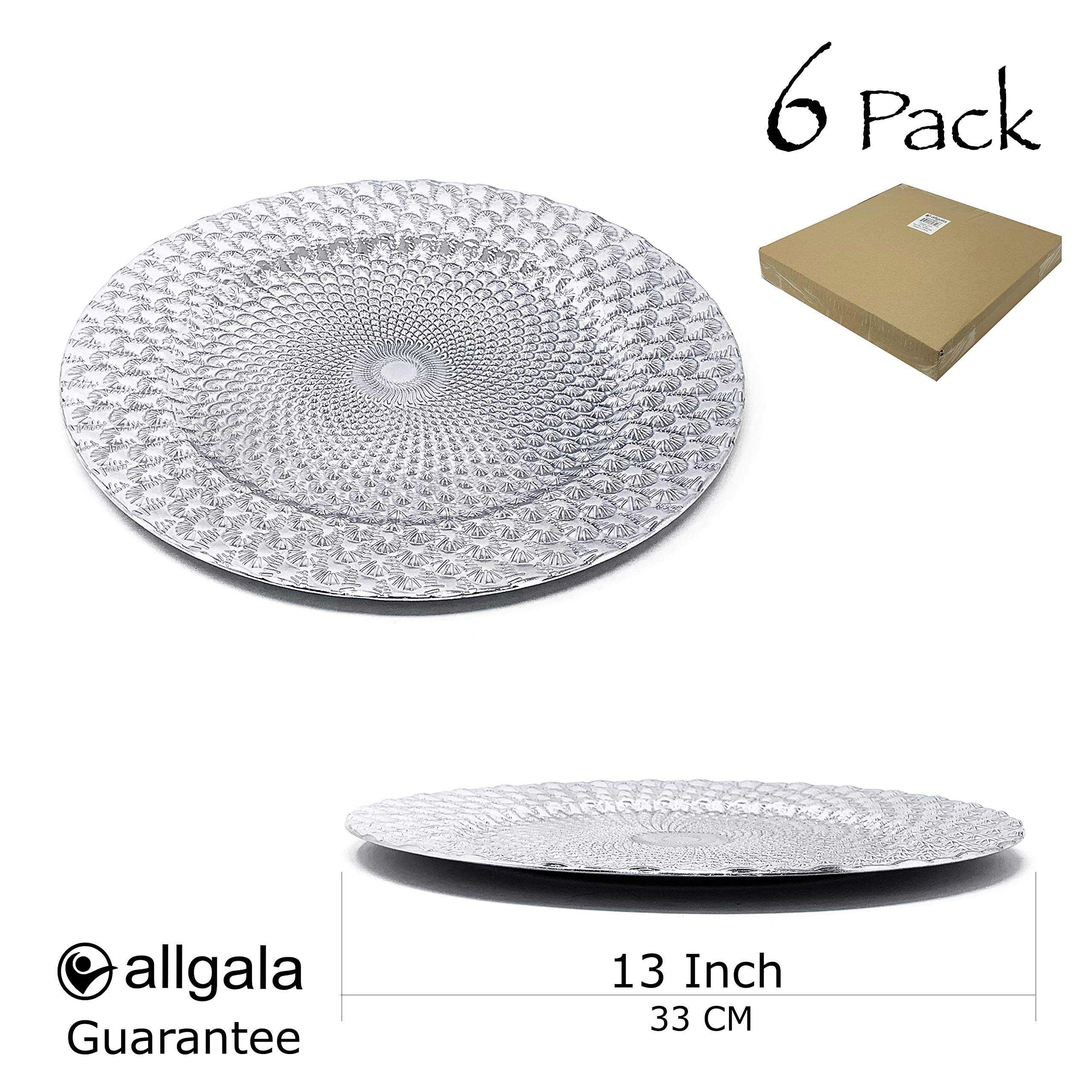 Allgala 13-Inch 6-Pack Premium Round Charger Plates - Peacock Silver (HD80362) for Elegant Dining, Wedding Decor & Party Serving Dishes