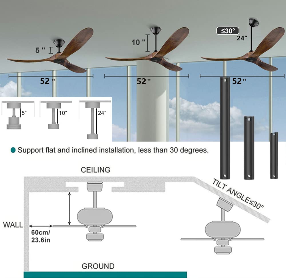52 Inch Wooden Ceiling Fan with Remote Control - 6-Speed Reversible DC Motor for Indoor/Outdoor Use | Energy Efficient & Silent Operation | Perfect for Living Rooms, Bedrooms, Patios and Great Rooms