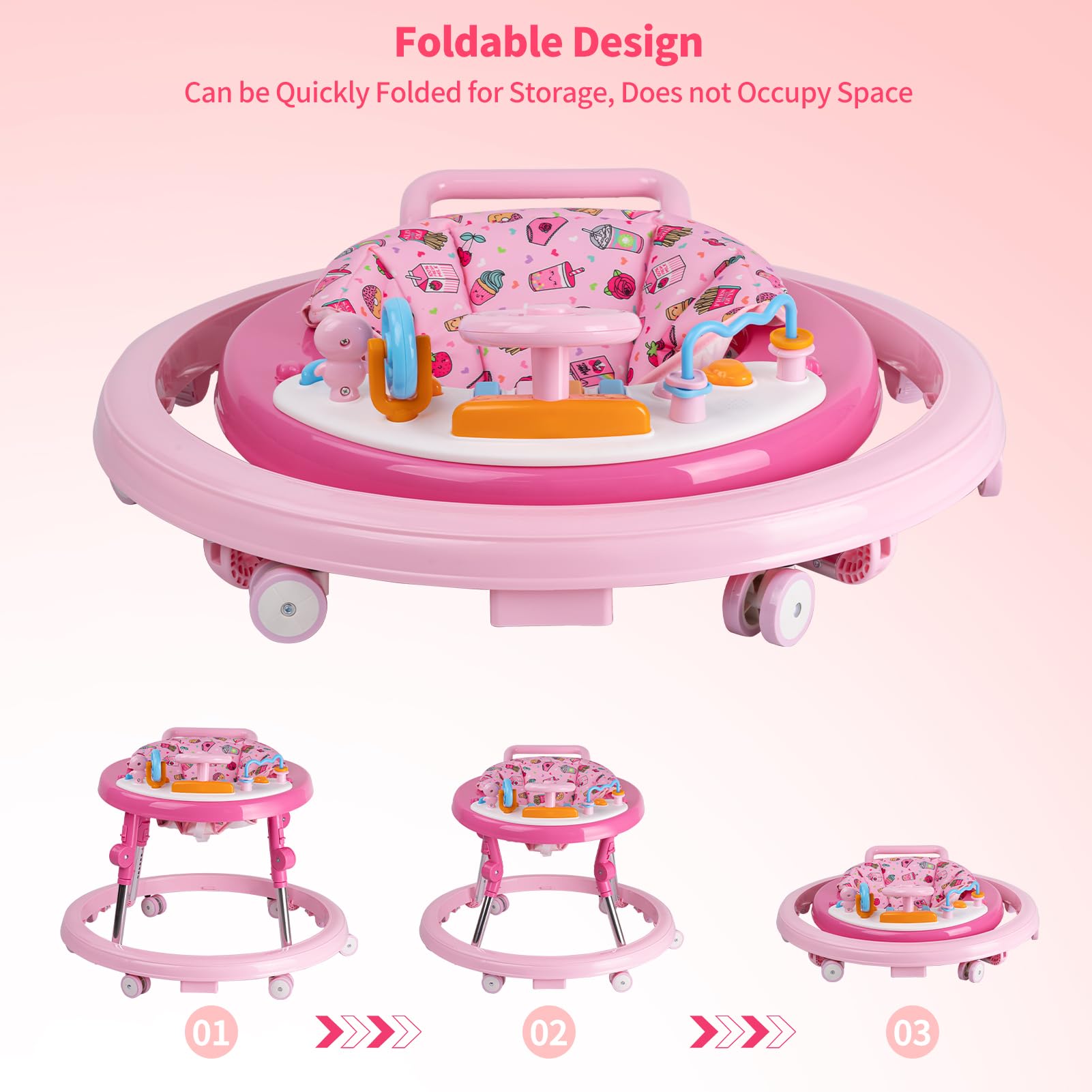 Foldable Baby Walker with Activity Center & Music - Adjustable Height (5 Levels) for Boys & Girls 6-18 Months - Includes Feeding Tray & Wheels - Perfect for Learning to Walk & Indoor Playtime