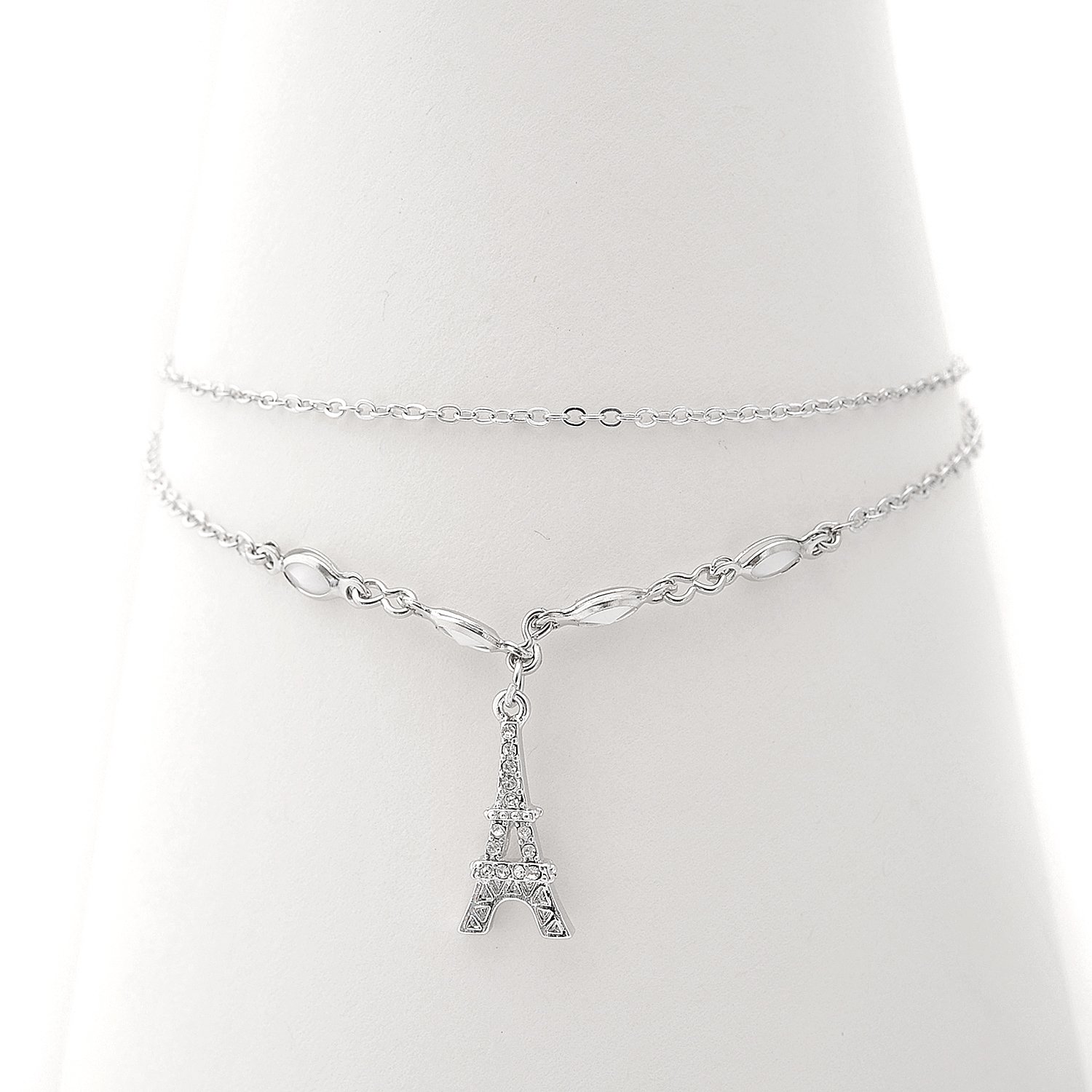 Spinningdaisy Silver Plated Double Layer Eiffel Tower Anklet - Elegant Adjustable Ankle Bracelet for Women, Perfect for Summer Outfits, Beach Vacations & Romantic Dates
