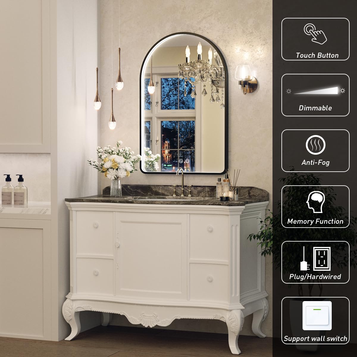 20X30 Inch Arched LED Bathroom Mirror with Anti-Fog & Dimmable Lights - Black Framed Vanity Mirror for Makeup, Shaving and Home Decor
