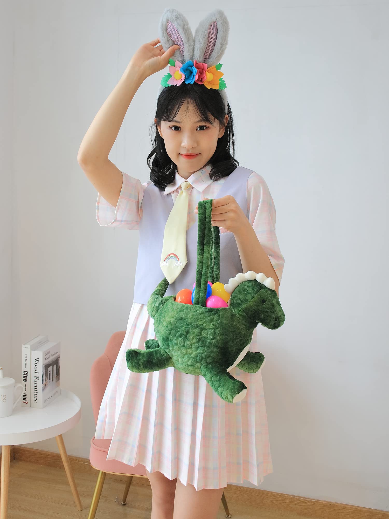 Personalized 3D Adorable Plush Dinosaur Easter Basket - Custom Embroidery Name, Green Dino Egg Hunting Basket for Kids, Easter Gift Bag for Boys & Girls - Perfect for Easter Egg Hunts, Birthday Gifts & Nursery Decor