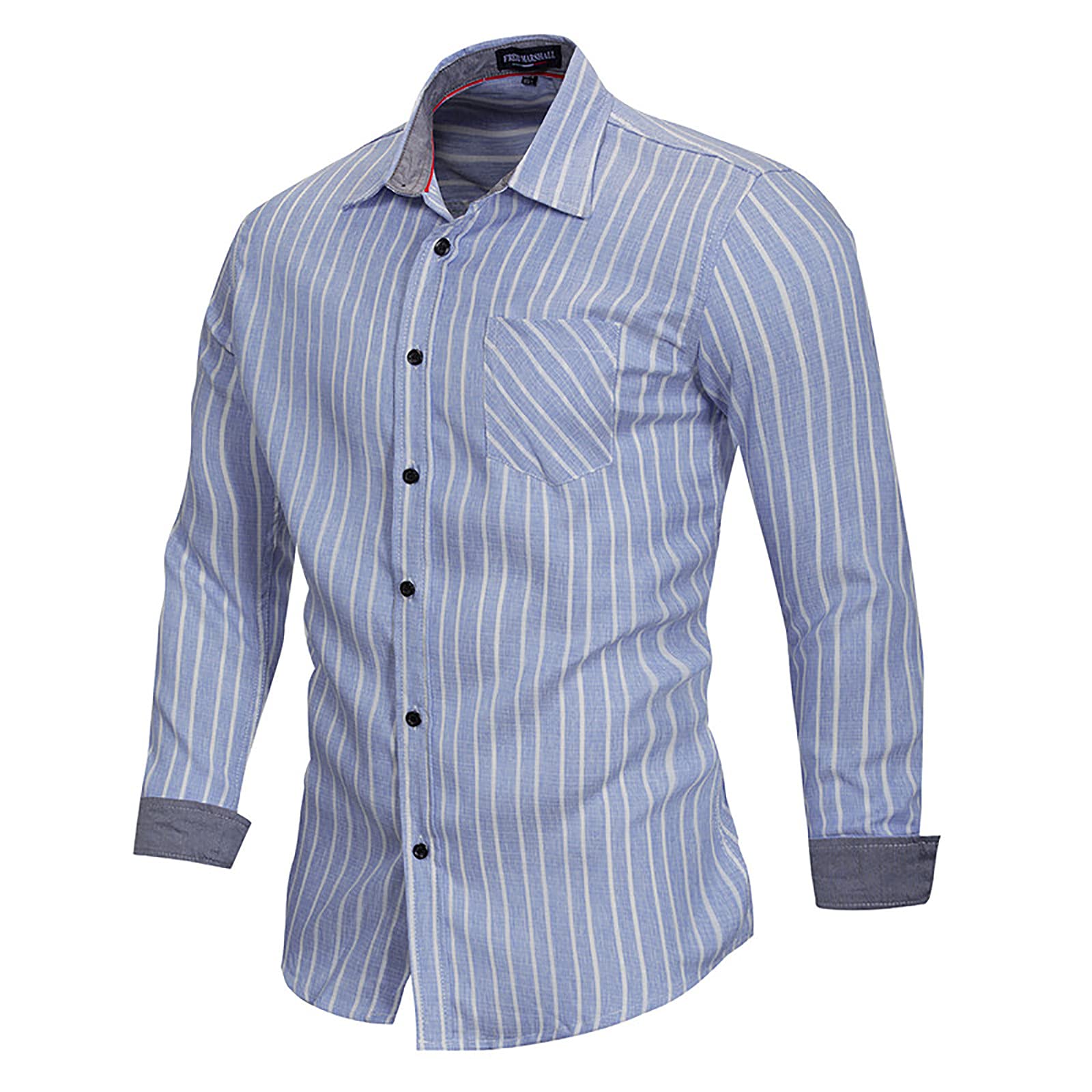 Men's Cotton Long-Sleeve Button Down Dress Shirt - Regular Fit with Lapel Stripe & Pocket - Business Casual Shirt for Office, Meetings & Formal Events