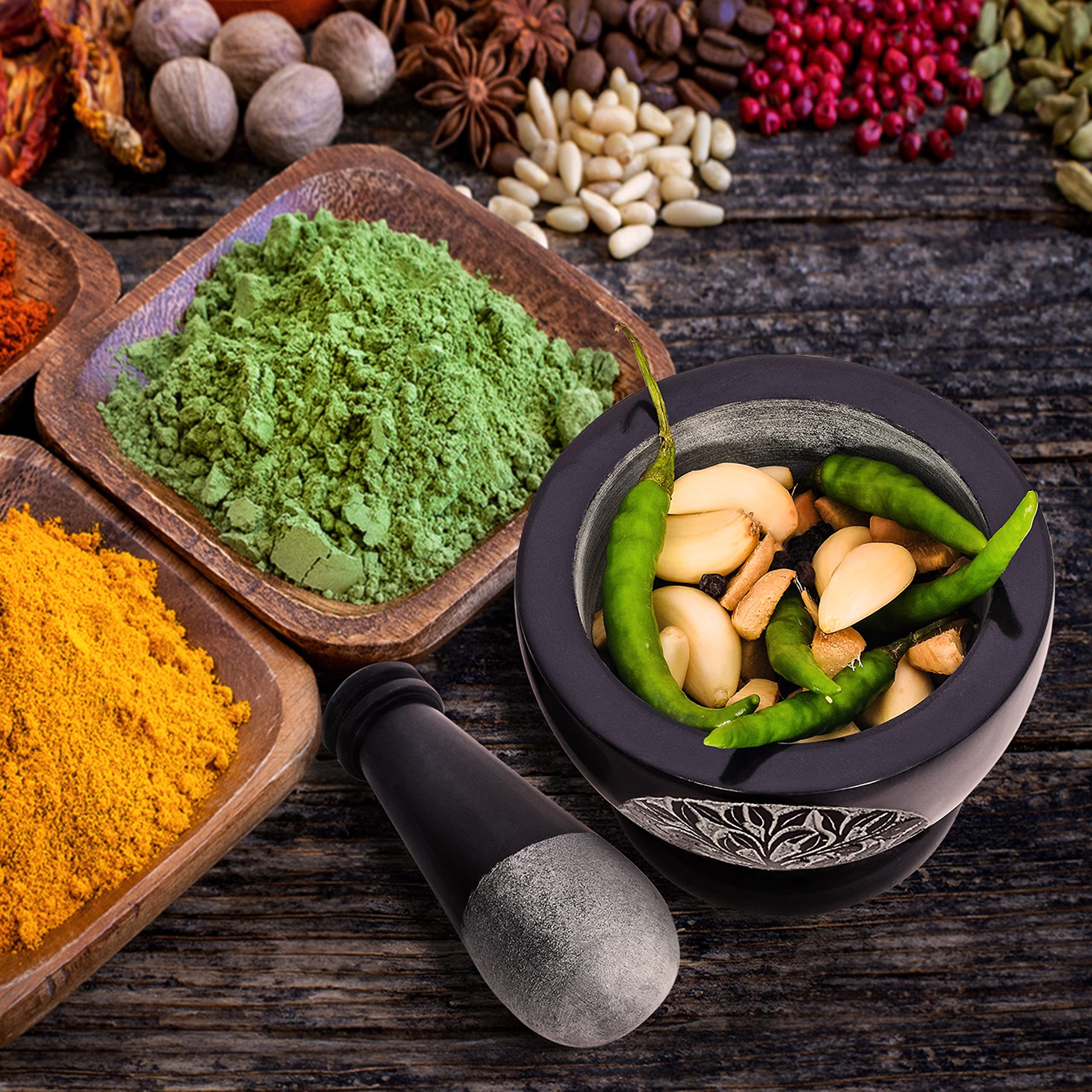 Premium Mortar and Pestle Set - Heavy Duty Polished Natural Stone Spice Grinder for Herbs, Seasonings, Pastes & More (Tree of Life Design) - Perfect for Kitchen, Apothecary & Ayurvedic Cooking