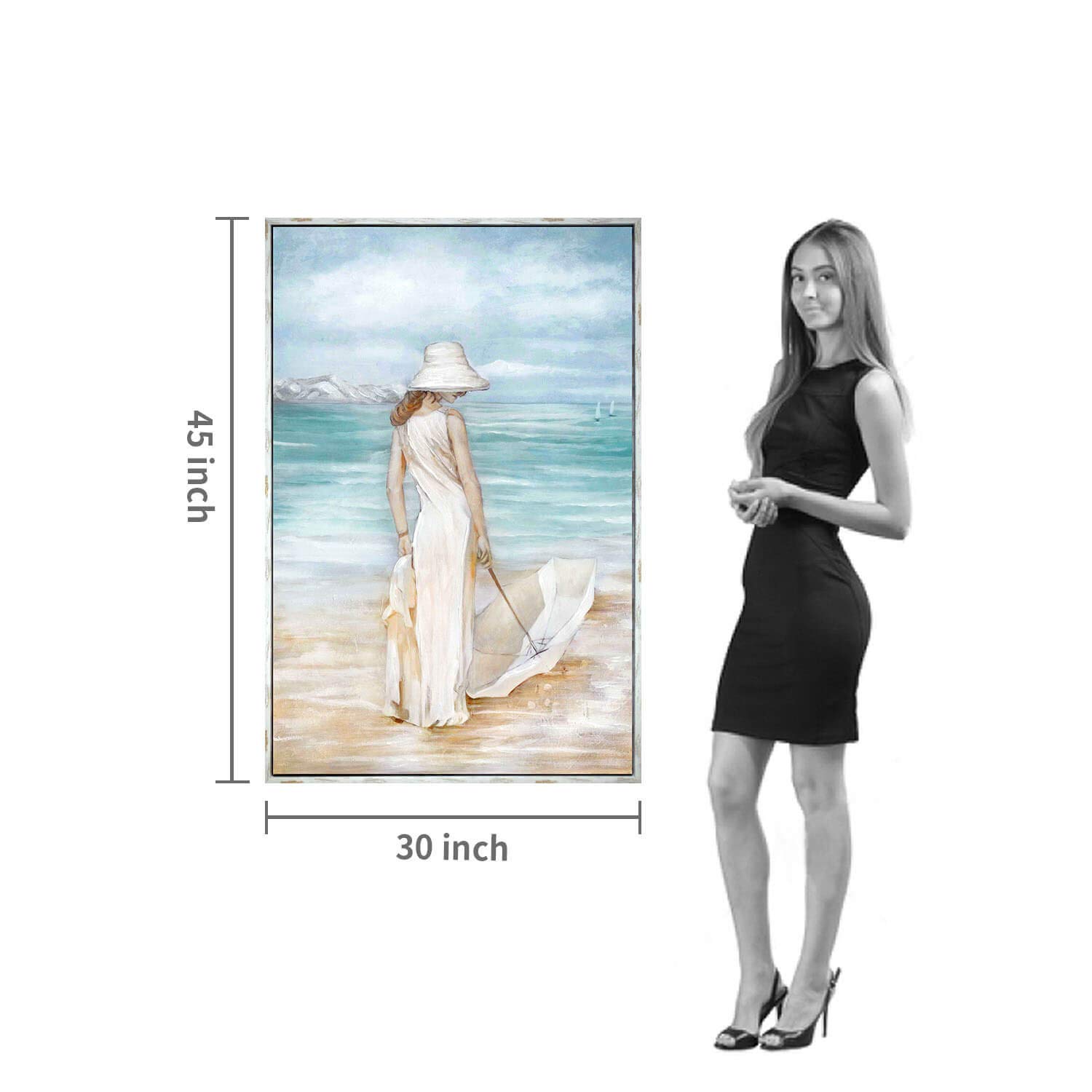 Hand Painted Abstract Beach Artwork - Modern Ocean Painting with Woman & Umbrella, Coastal Framed Wall Art on Canvas (45”x30”x1 Panel) - Perfect for Bedroom, Living Room & Beach House Decor