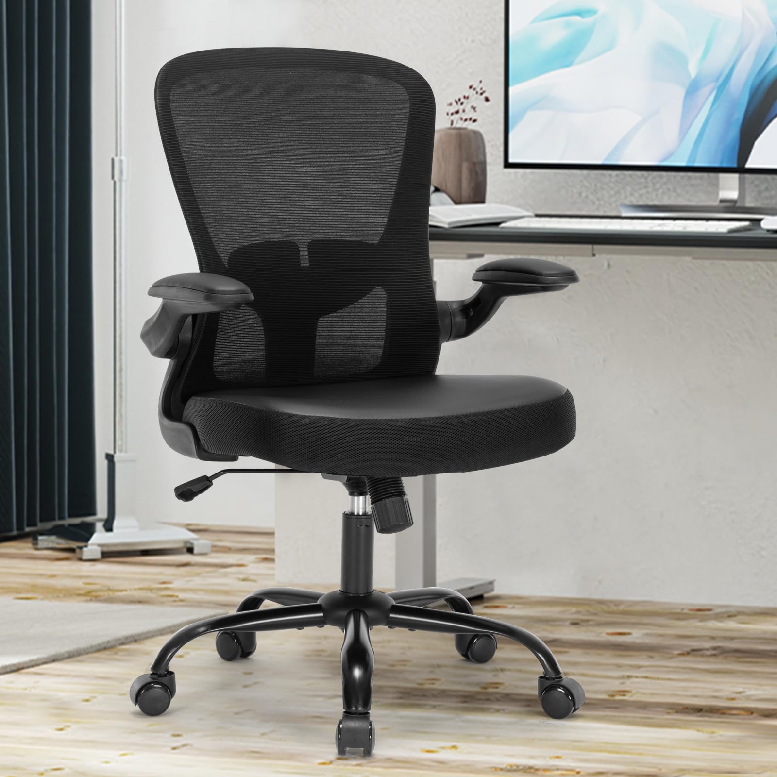 Ergonomic Office Chair with PU Leather Cushion, Adjustable Lumbar Support & Flip-Up Arms - Comfortable Computer Desk Chair for Home Office, Gaming & Workspace