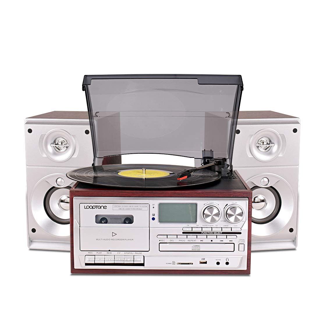 LoopTone 9-in-1 Vintage Turntable - Bluetooth Record Player with 15W Speakers, 3-Speed Vinyl Player, CD Cassette Player, AM/FM Radio, USB Recorder, Aux-in & RCA Output - Perfect for Home Entertainment & Retro Music Lovers