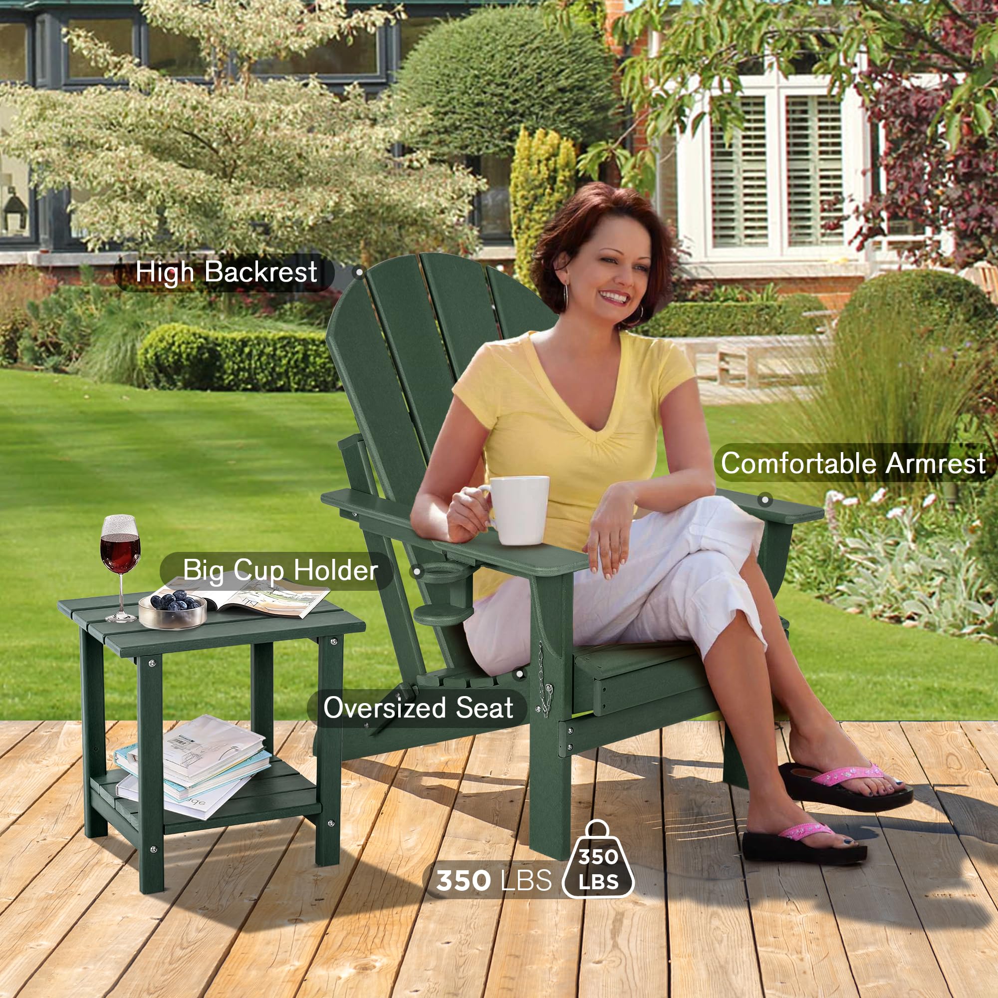Nalone 2-Pack Folding Adirondack Chairs with Cushions & Cup Holders - HDPE Plastic Oversized Weather-Resistant Outdoor Patio Chairs for Backyard, Deck, Garden, Fire Pit, Camping & Poolside (Green)