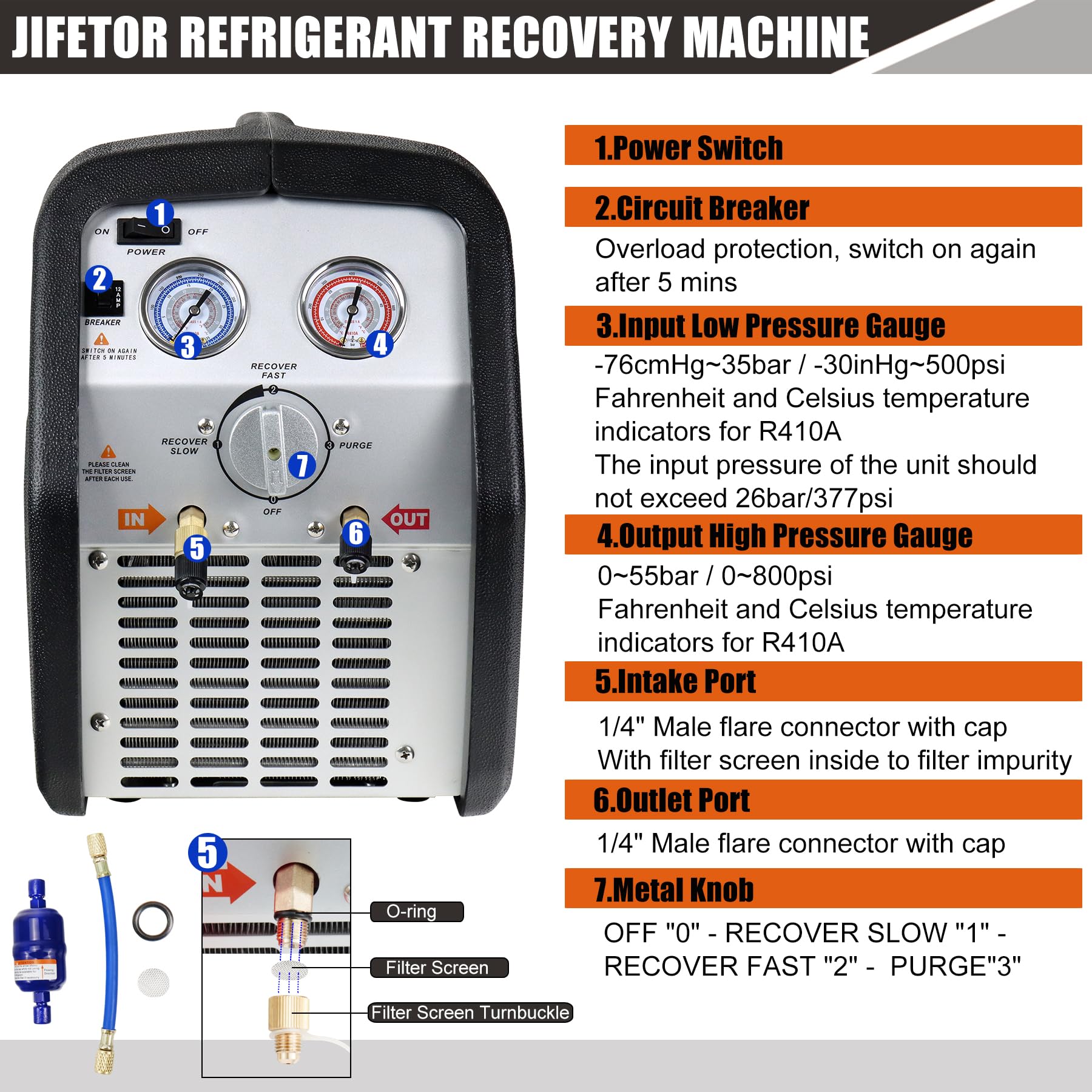 JIFETOR Portable AC Refrigerant Recovery Machine - 3/4HP Oil-Less Compressor for Recycling Liquid & Vapor Refrigerant | Automotive AC & HVAC System Maintenance Tool | Ideal for Car Repair Shops & Home HVAC Service