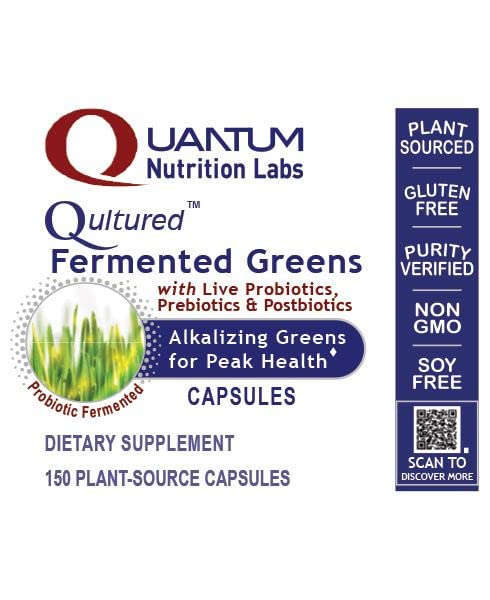 Quantum Nutrition Labs Qultured Fermented Greens Superfood Supplement - Organic Probiotic Super Greens Powder with Spinach, Chlorella & Vitamins - 150 Capsules for Daily Energy & Gut Health Support - Perfect for Smoothies, Juices & Wellness Routines