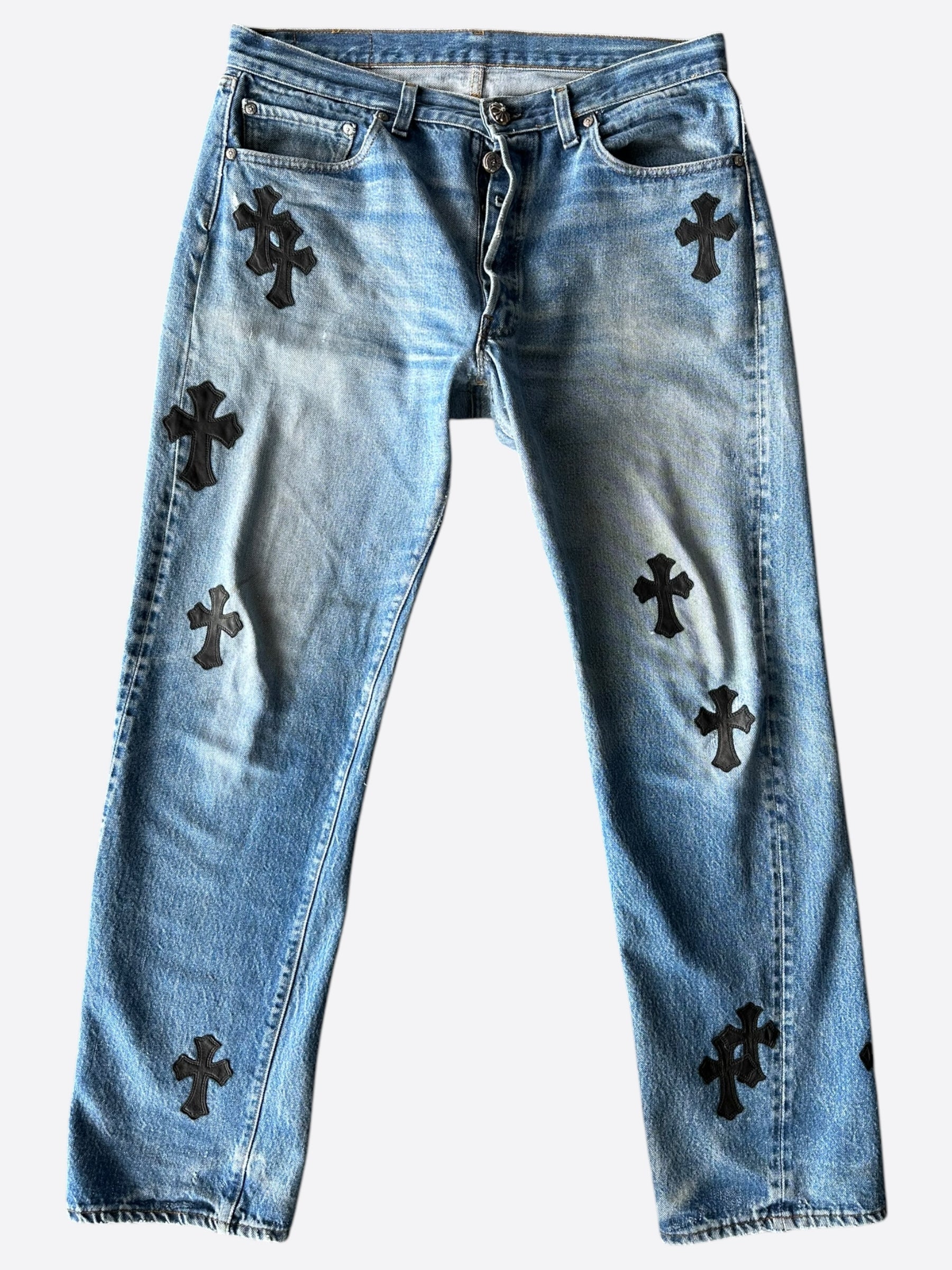Chrome Hearts x Levi's Blue & Black Cross Patch Denim Jeans for Men & Women - Stylish Vintage Distressed Skinny Jeans for Casual Wear & Night Out