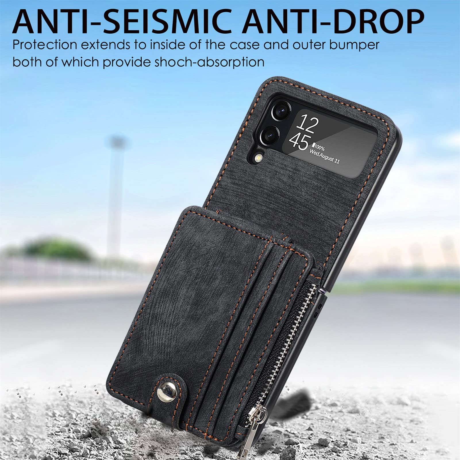 Premium Leather Wallet Case for Samsung Galaxy Z Flip 4 - Detachable Card Holder, Magnetic Kickstand & Shockproof Design | Slim Minimalist Front Pocket Wallet for Men & Women (Black) | Perfect for Everyday Carry, Travel & Business Use