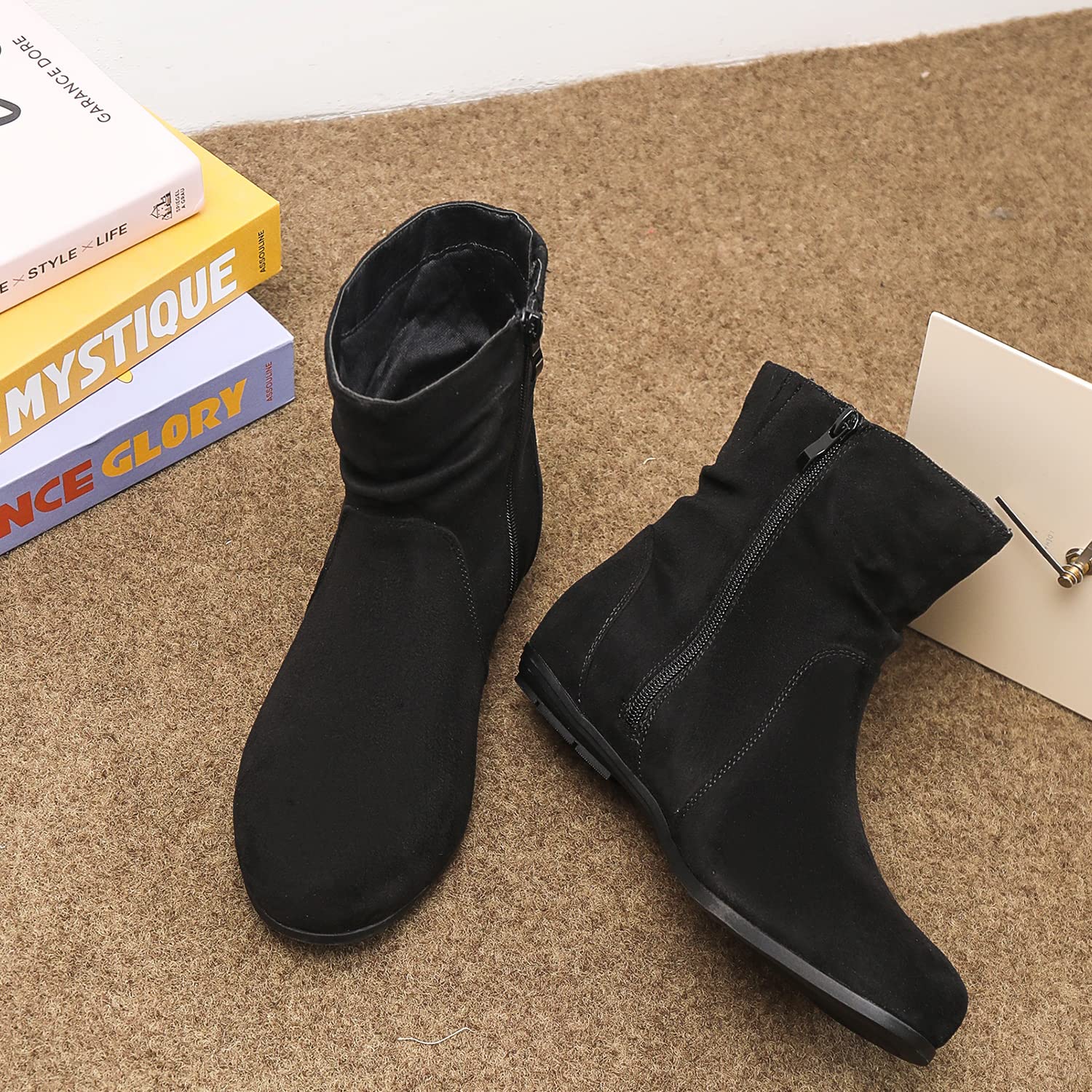 Luoika Women's Wide Width Ankle Boots - Black & Brown Low Heel Side Zipper Booties for Comfort & Style | Perfect for Work, Casual Outfits & Fall/Winter Fashion