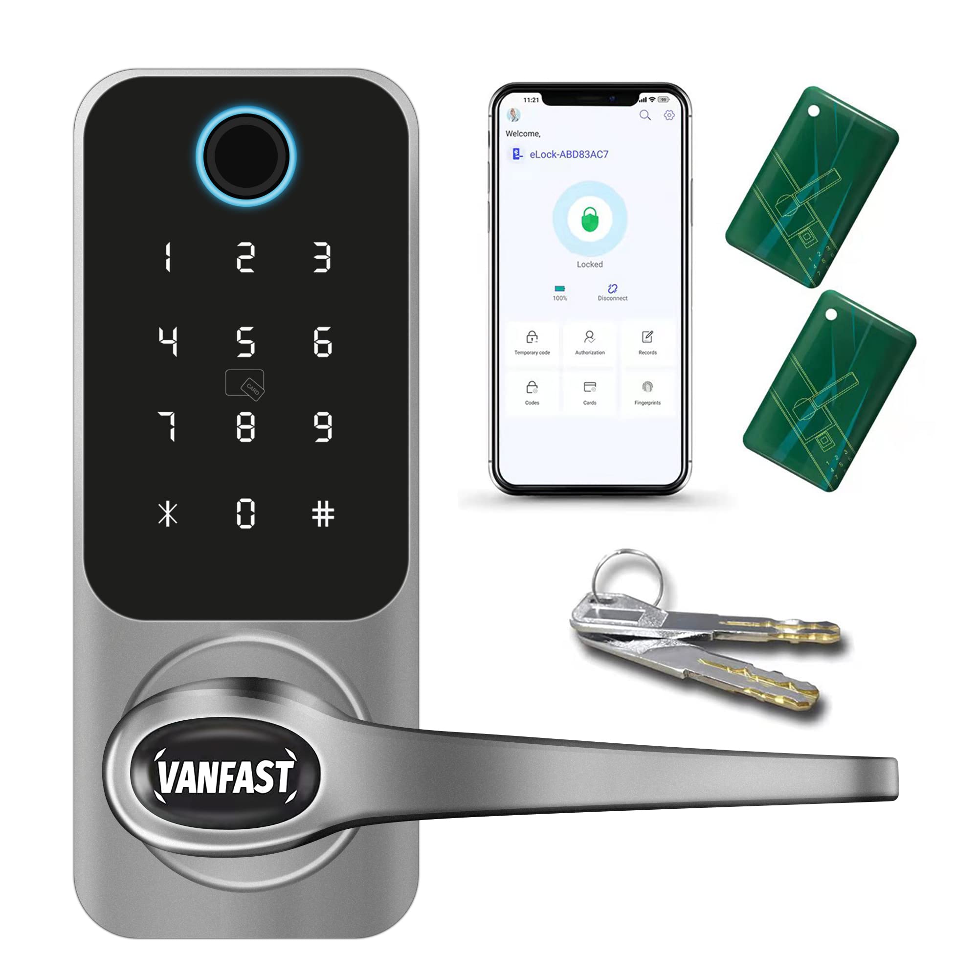 Vanfast Smart Lock - Fingerprint & Keyless Entry Door Lock with Touchscreen Keypad, Bluetooth, Free App, IC Card & Code - Electronic Auto Door Lock with Handle for Home Security (Perfect for Apartments, Vacation Homes & Rental Properties)