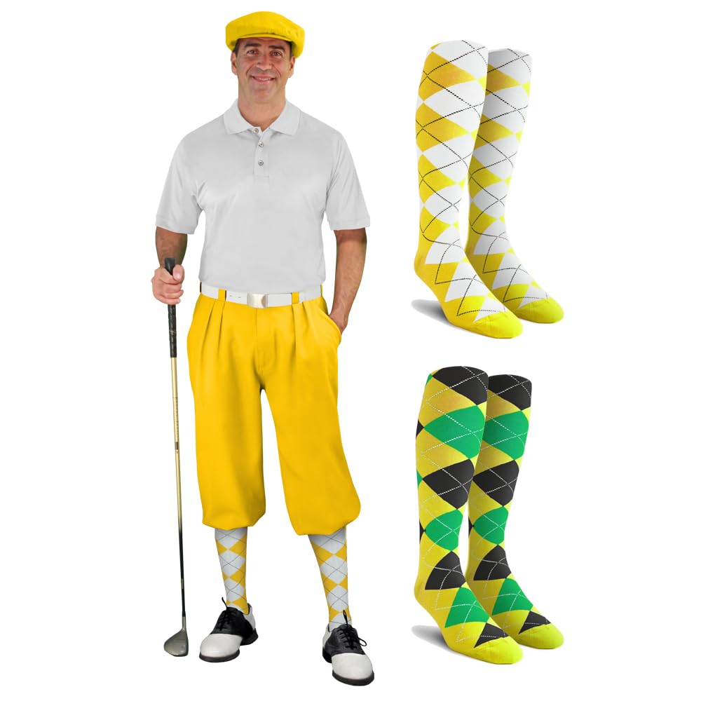 Men's Stylish Golf Outfit Set - Matching Knickers, Cap & 2 Over-The-Calf Socks - Yellow - Size 58 - Perfect for Golf Tournaments & Casual Weekend Wear