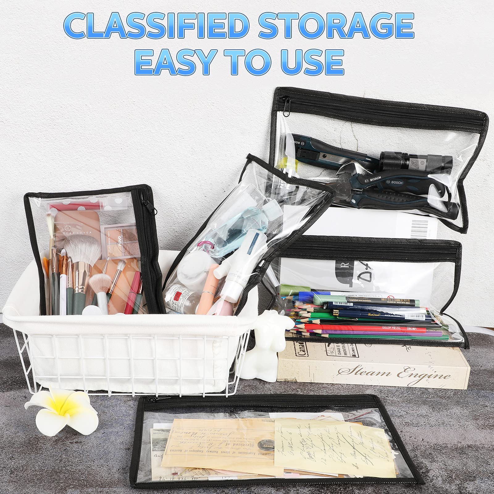 8 Pack Clear PVC Zipper Pouches for Pencils, Makeup & Documents - 11.5 x 7 Inches Multi-Purpose Storage Bags with Black Edging - Perfect for Office, School & Travel Organization (Office Supplies)