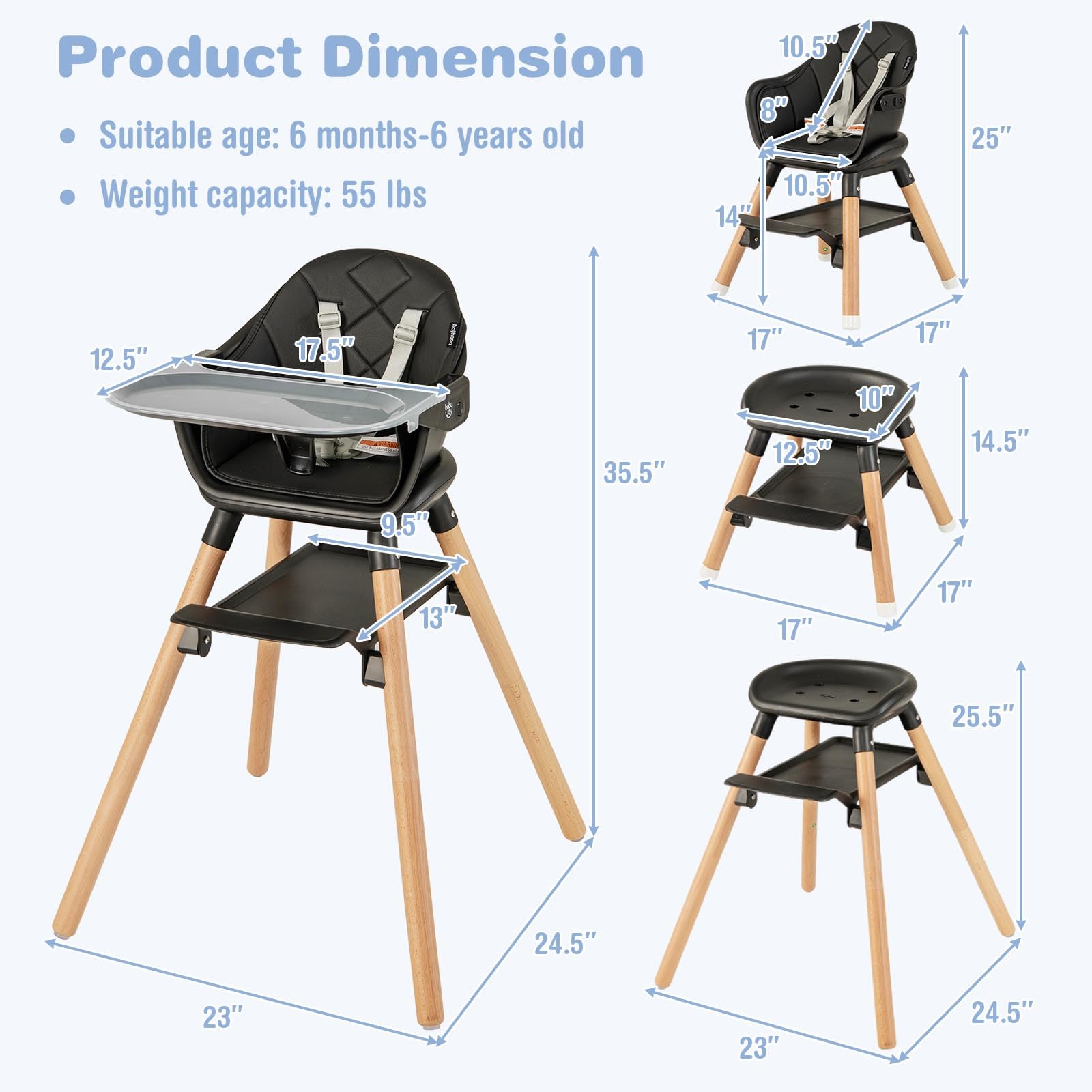 BABY JOY 6-in-1 Convertible Wooden High Chair for Babies & Toddlers - Adjustable Height, Removable Dual Trays, Safety Harness & Waterproof PU Cushion - Perfect for Dining, Feeding & Playtime (Black)