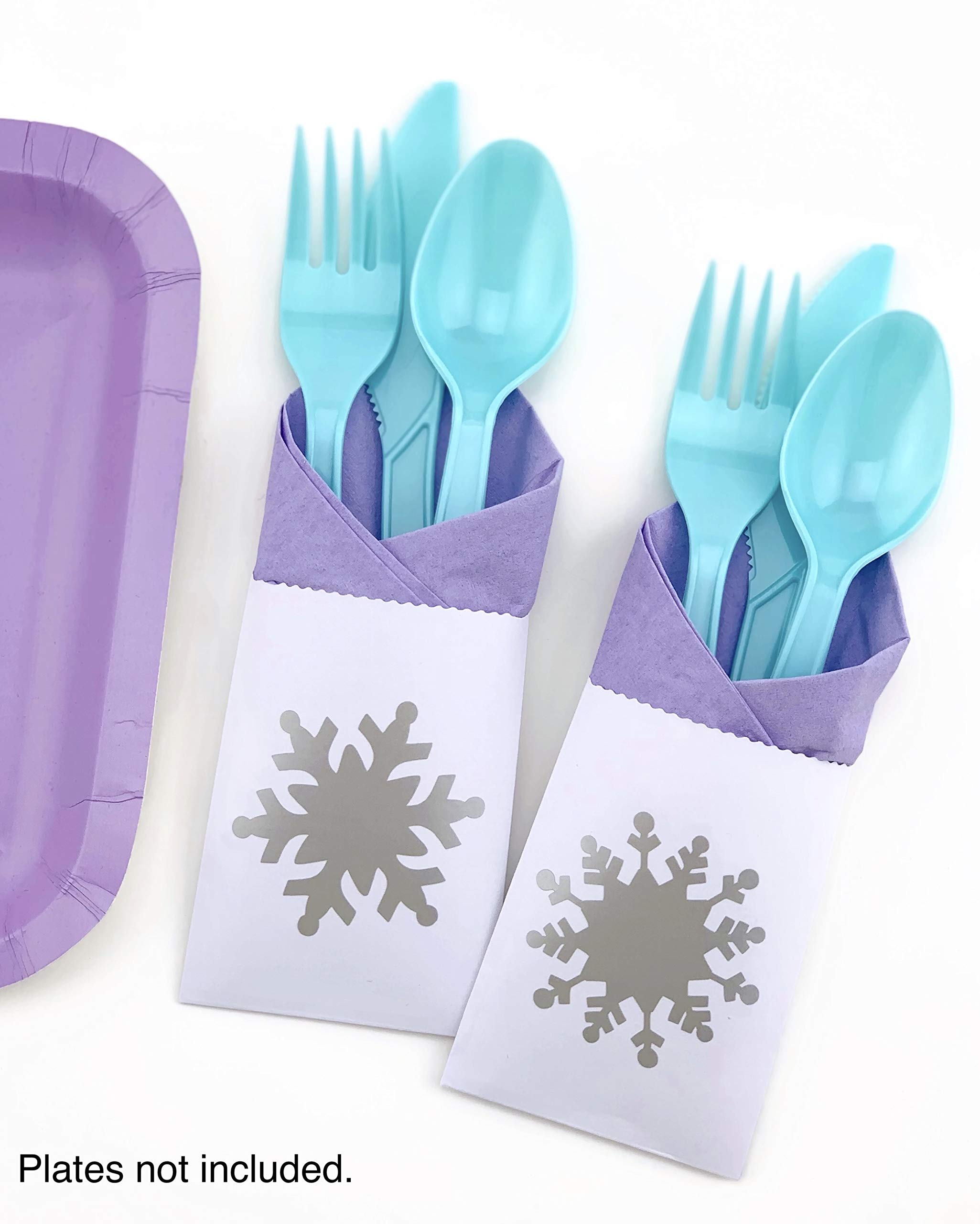 Snowflake Party Decorations Set - 24-Piece Winter Wonderland Princess Birthday Supplies with Purple Napkins, Plastic Cutlery & Paper Bags | Perfect for Birthday Parties, Baby Showers & Holiday Celebrations