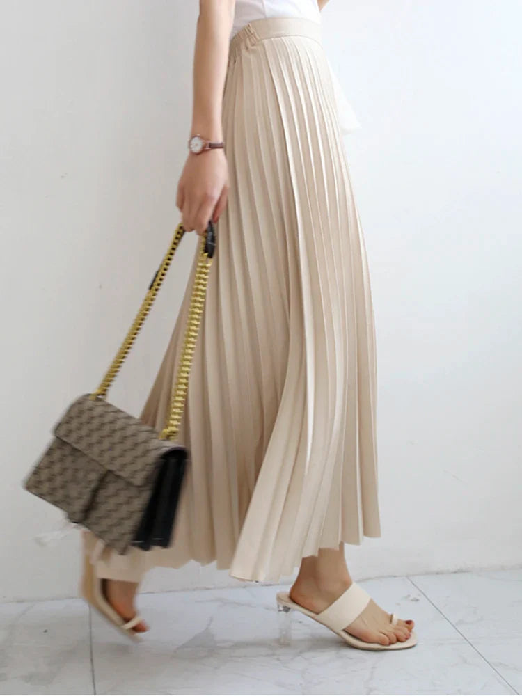Brand Designer Women's High Waist Pleated Skirt - Elegant Solid Color A-Line Skirt with Elastic Waistband for Spring & Autumn | Office Wear, Party Outfits, Casual Chic Fashion