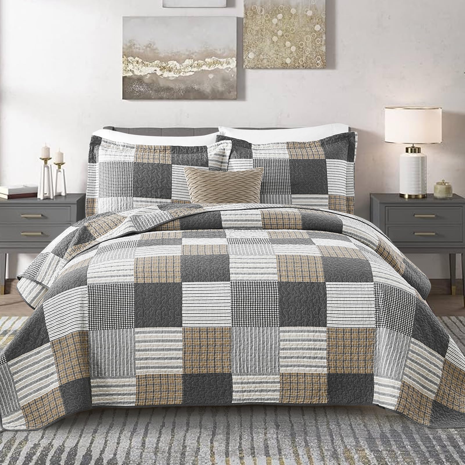 KALOOLA 100% Cotton King Size Quilt - Reversible Farmhouse Plaid Bedding Set in Grey, White & Black | Lightweight All-Season Comfort for Master Bedroom, Guest Room & Cozy Home Decor