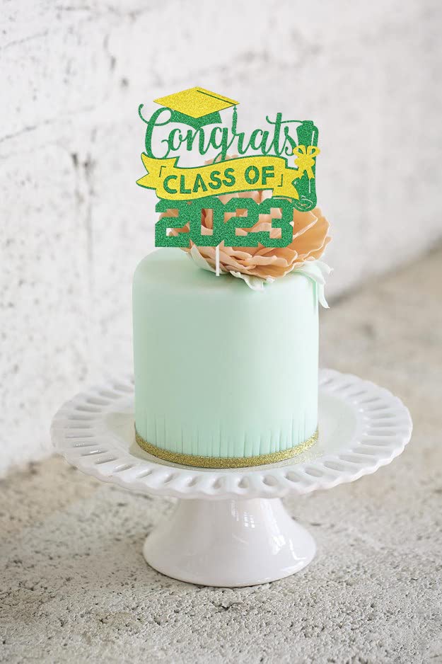 2023 Green and Gold Graduation Cake Topper - Class of 2023 Party Decorations, Congrats Graduation Cake Decor for College & High School Ceremonies - Perfect for Graduation Parties, Cakes & Celebration Decor